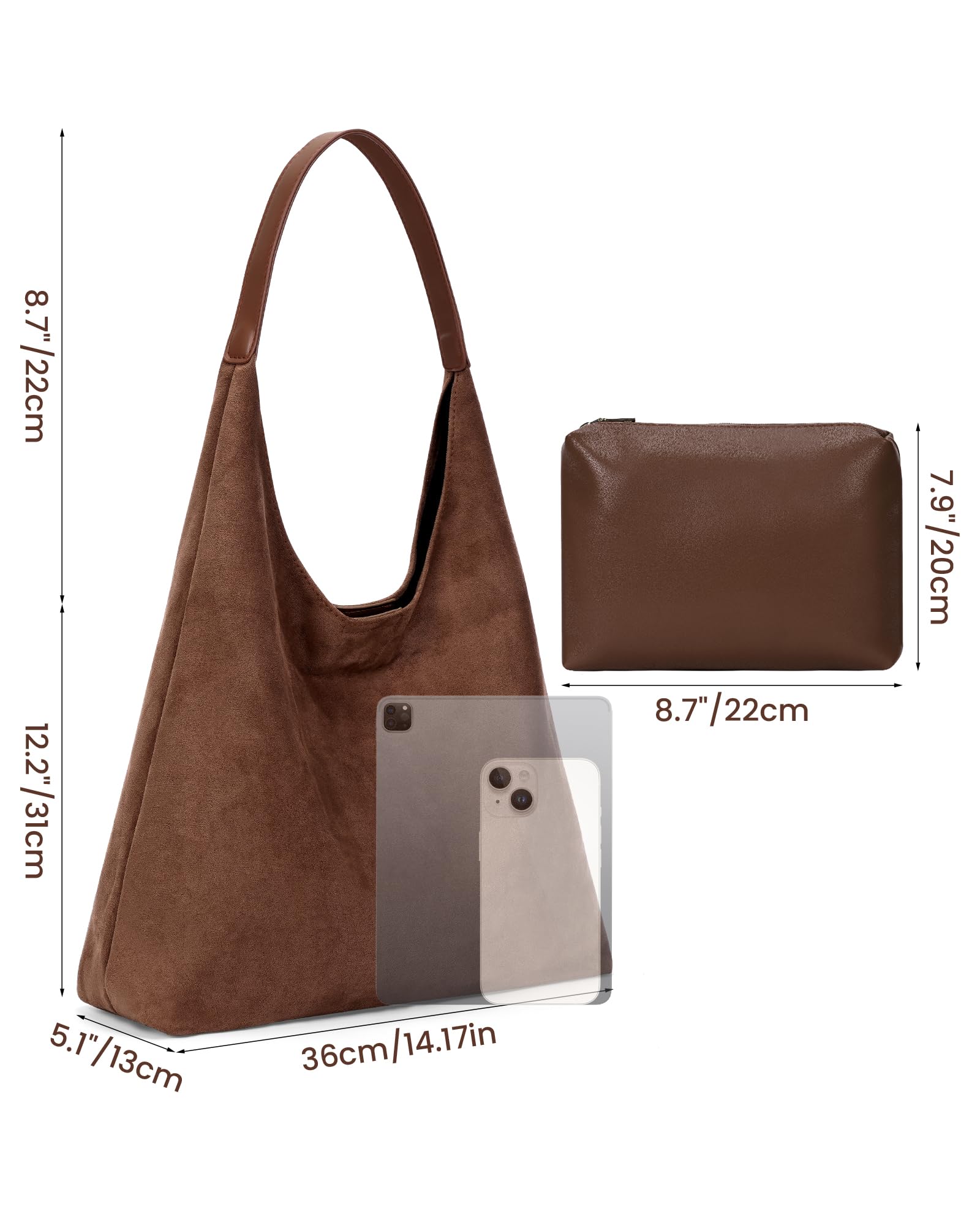 Lushandy Brown Suede Purse Faux Suede Tote Bag Leather Hobo Bags for Women Slouchy Hobo Bag Fall Purse Shoulder Bag: Faux Suede-coffee