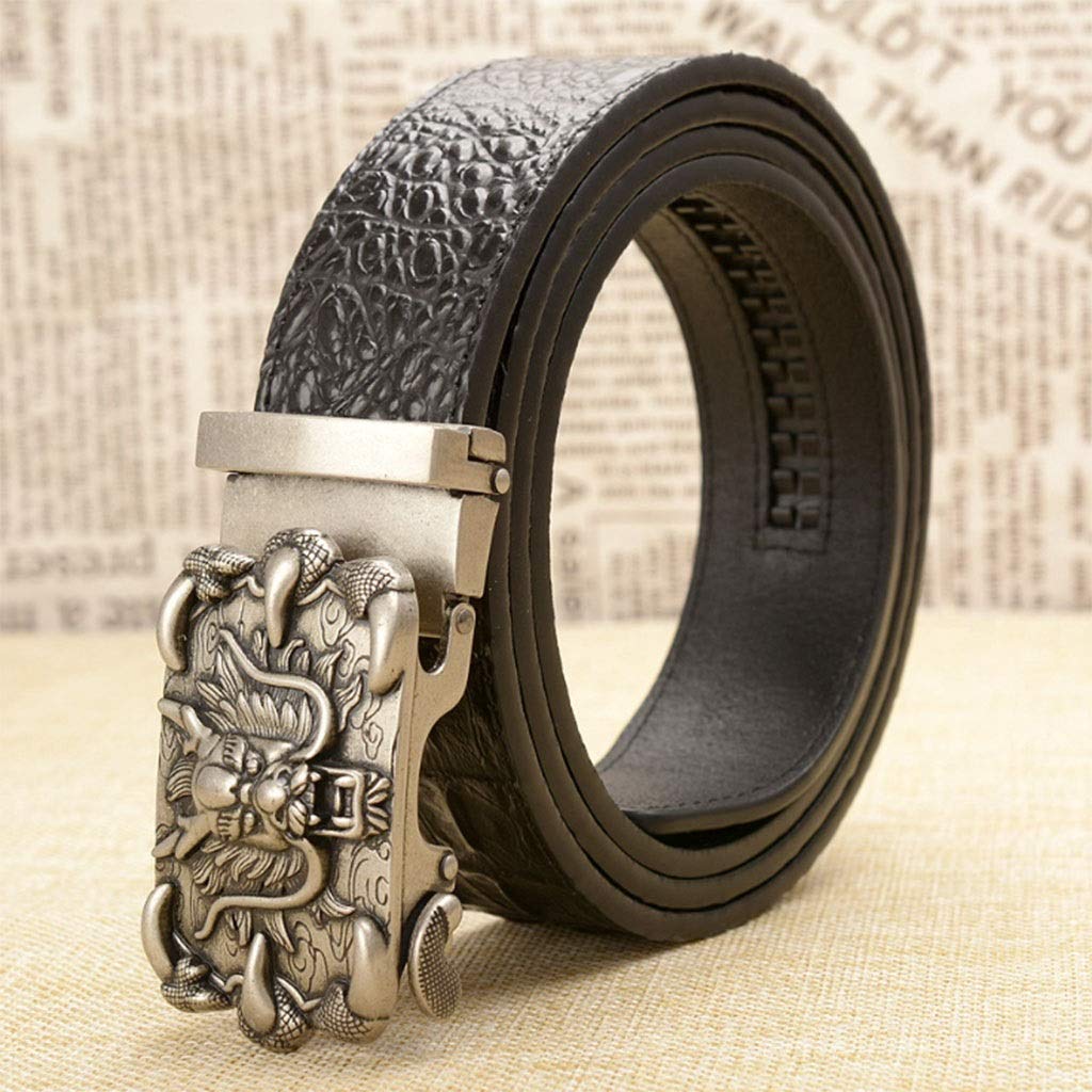 Retro Men's belt, automatic ratchet belt, alloy dragon carved pattern automatic buckle, fashionable crocodile pattern casual belt (Color : Black2, Size : 110cm(Waist 31"-34"))