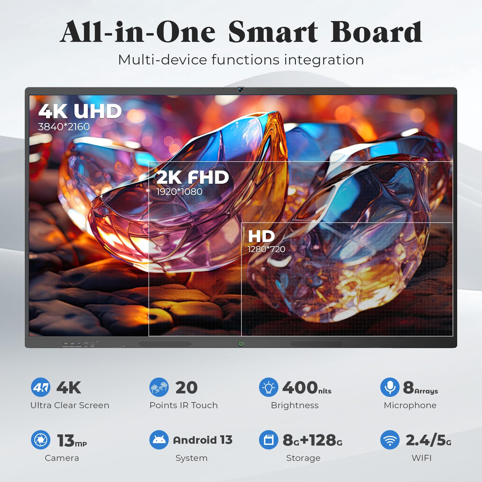 55'' Écran Interactif Tactile 4K UHD, Tableau Blanc Interactif Intelligent, Smart Board Android 14 (8+128 Go), Tableau Numérique sans Fil pour Salle de Classe, Bureau à Domicile et Studio