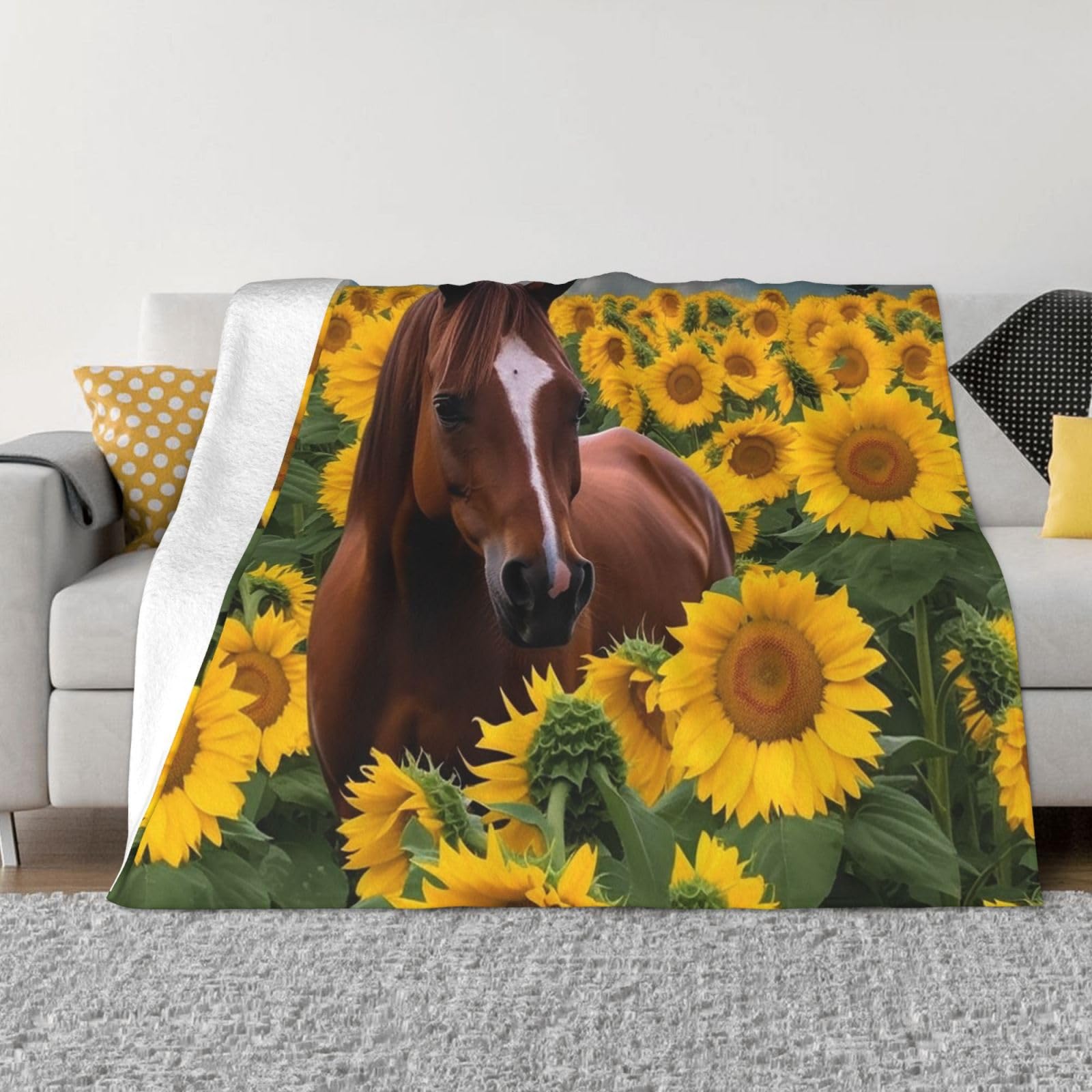 KLOPH Horse and Sunflower Throw Blanket 80"x60" Flannel Fluffy Warm Blanket for Couch, Reversible Plush Blankets for Bed, Comfy Fuzzy Blanket for Sofa, Plush Lightweight-Blankets for All Season