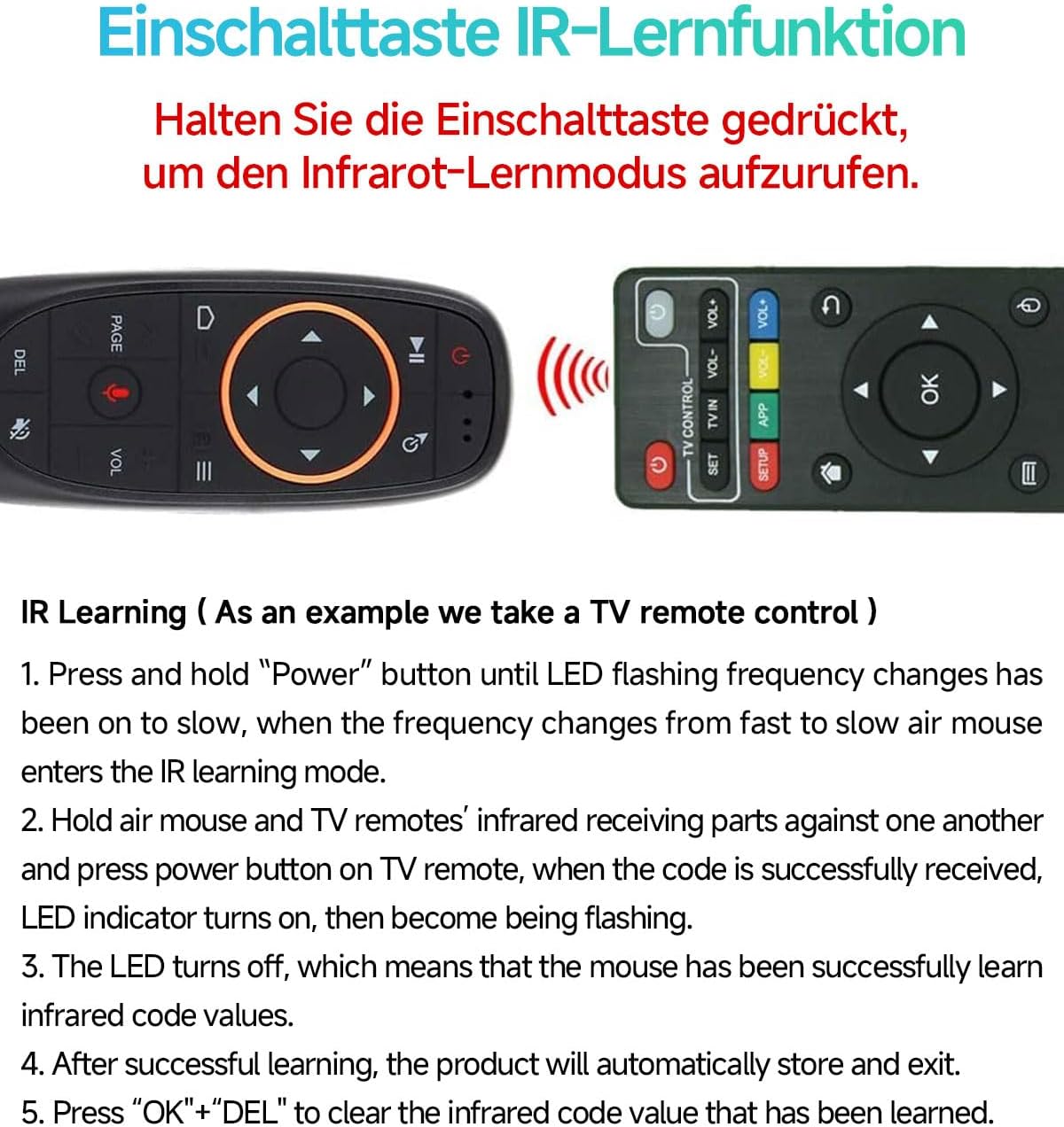 Diagram illustrating the IR learning process, showing two remote controls aligned for infrared signal transfer.