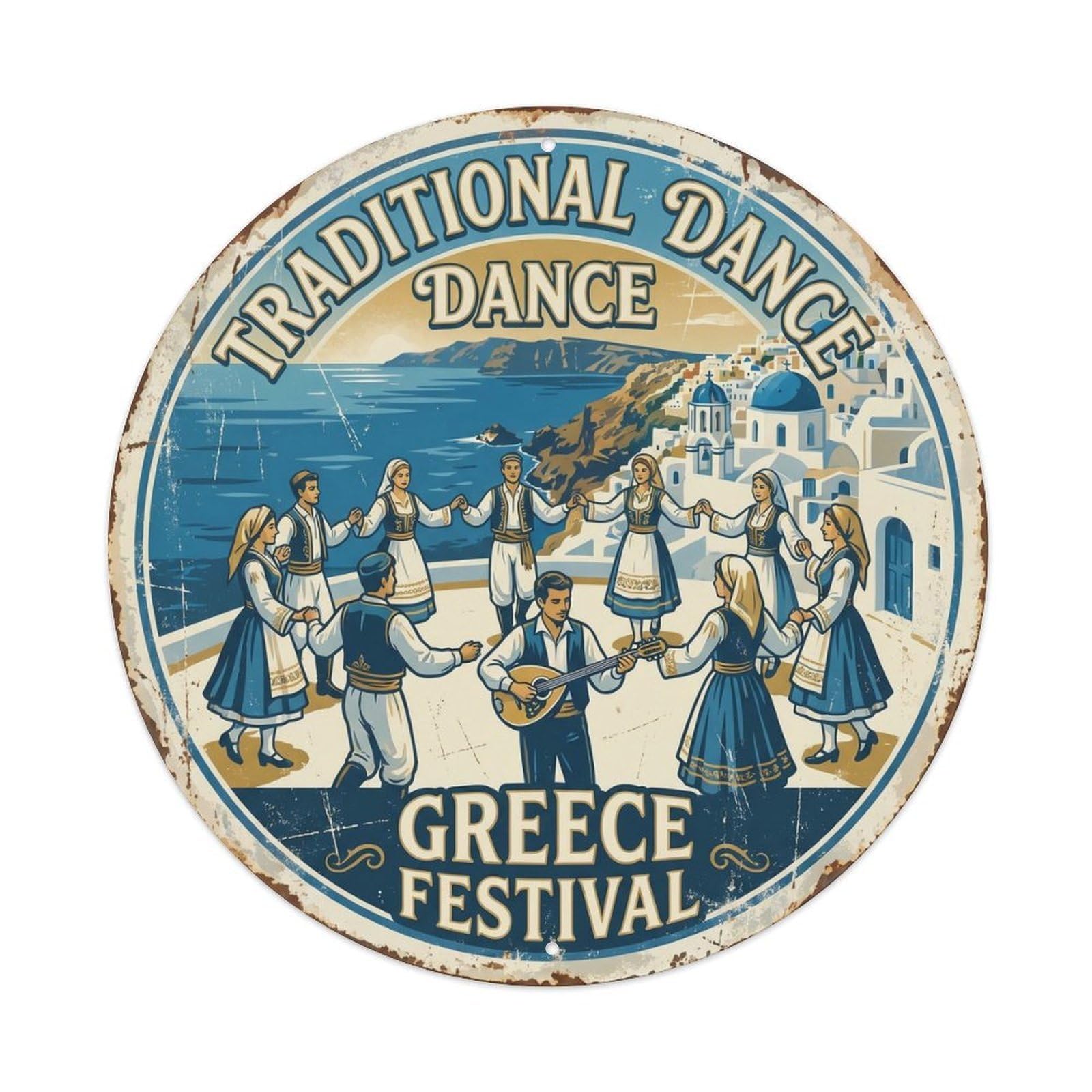 Vintage Travel Greek Dance Tradition Festival Metal Tin Sign Plaque Wall Decor for Cafe, Club Bar, Office, Home Garden Round Metal Poster 8x8Inch