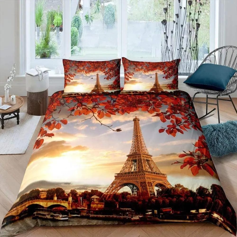 QBIDCSX Bedding Double Bed Set Paris Bedding Double Bed Set - Microfibre Quilt Cover 230x220 cm - Comforter Cover with 2 Pillowcases(Double)