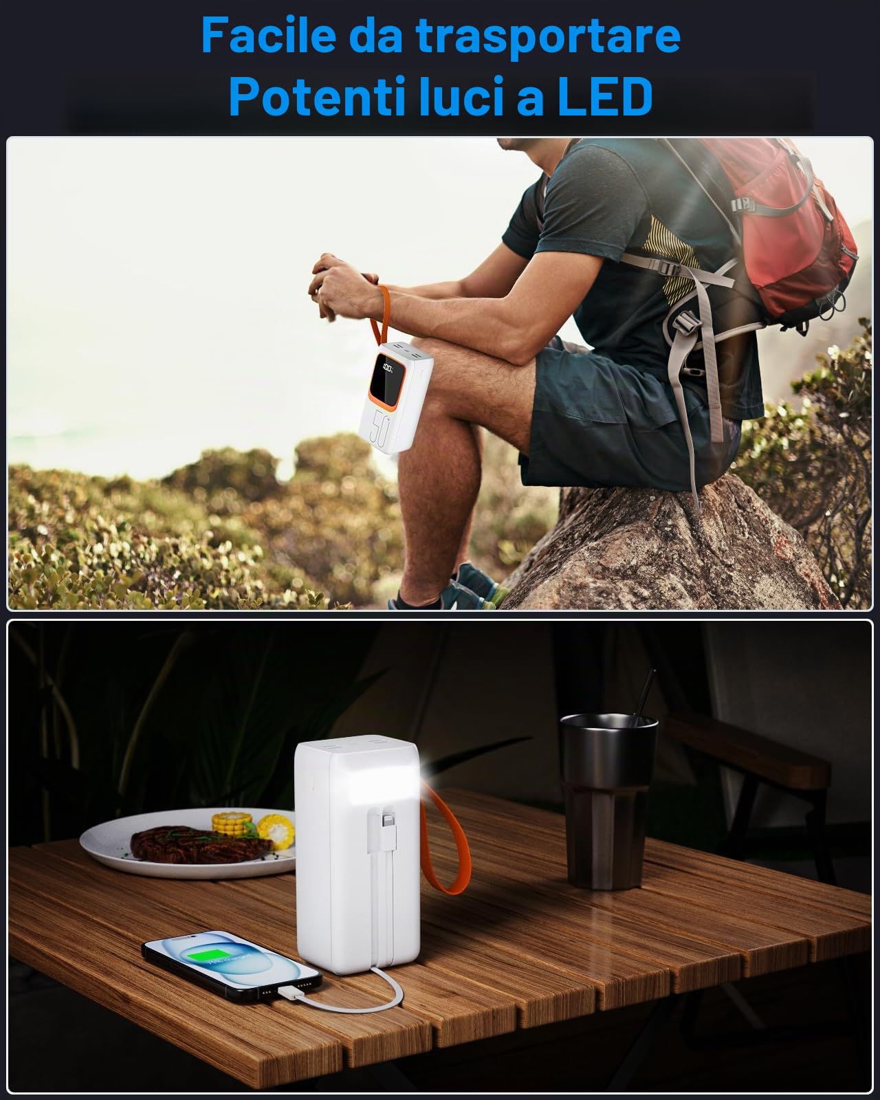 Power Bank da 50000 mAh con cavo integrato: batteria esterna da 22,5 W a ricarica rapida con grande capacità, caricatore portatile con torcia a LED e 7 uscite e 3 ingressi. RoidaRadio con