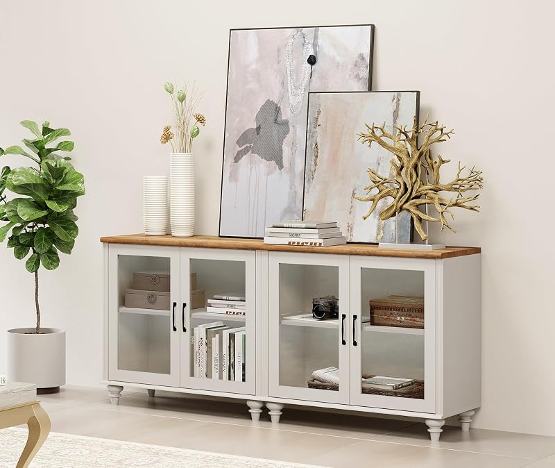 Wampat Modern TV Stand for TVs up to 110 inch, 4 in 1 Entertainment Center with Storage Cabinets and 4 Glass Door, Media Console with 6 Drawer Dresser for Living Room, White image 5