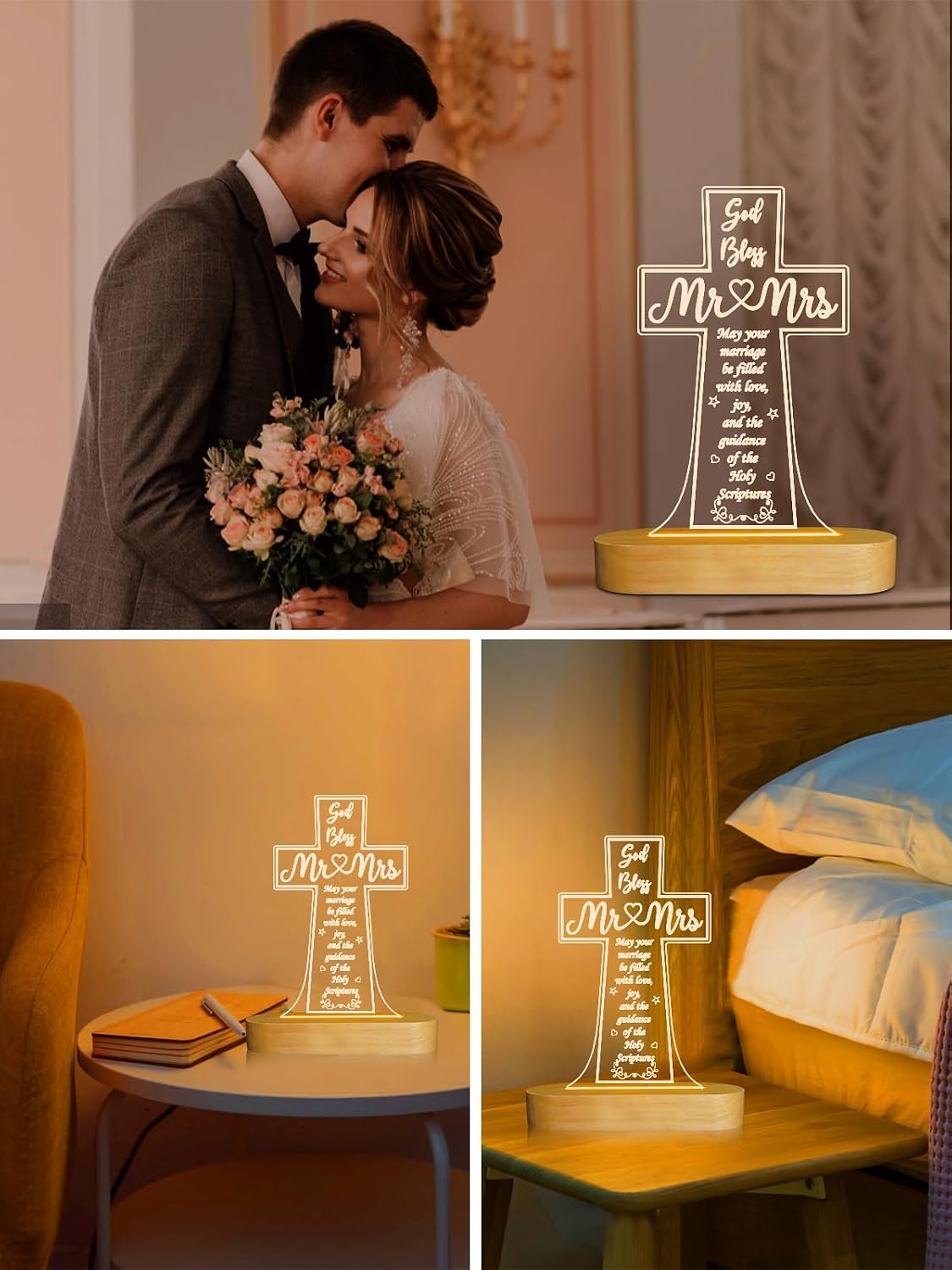 Ammonite Wedding Gifts, Cross Wooden Night Light, Decoration Lamp Husband and Wife Wedding Engagement Anniversary Valentine's Day Gifts for Couple Bride Groom, Newlywed Gifts His Hers