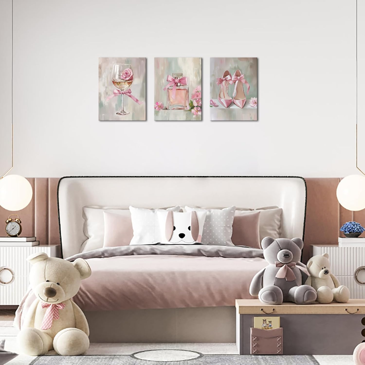 PoGoXiPoYo 3 Pieces Pink Makeup Room Canvas Wall Art Fashion Wine Glass Perfume High Heels Rose Flower Picture Beauty Salon Woman Wall Decor Print Artworks for Bathroom Bedroom Girls Room 12"x16"x3