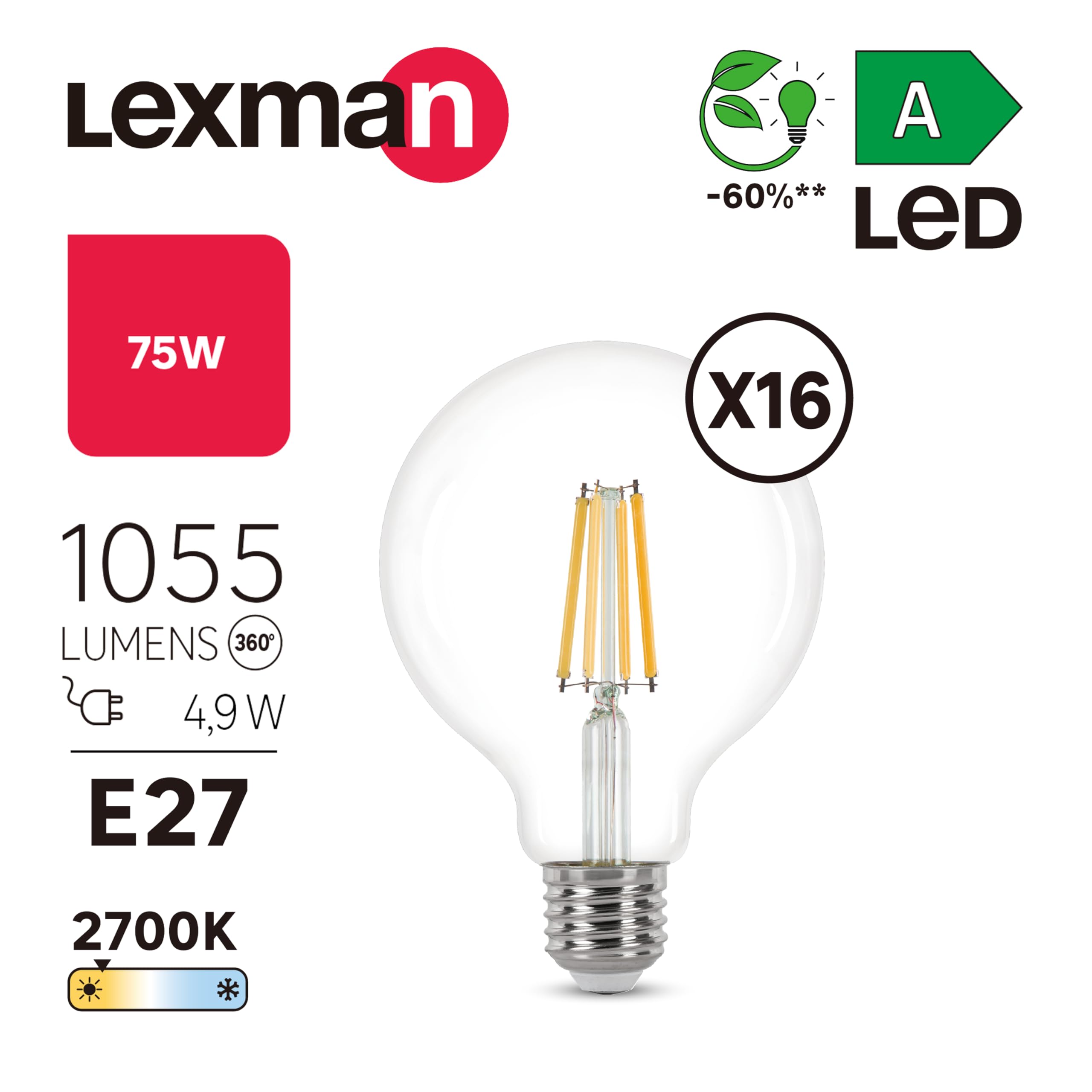 LEXMAN - 16er-Set LED-Lampen - 16 x LED Glühbirnen E27-1055 LM - 4,9W entsprechend 75W - Ø 95 mm - 2700K - Warmweiß