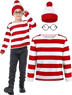 3 Pieces Kids Halloween Costume Set, Boys Costume Red and White Striped Shirt Beanie Hat Glasses for Cosplay Party