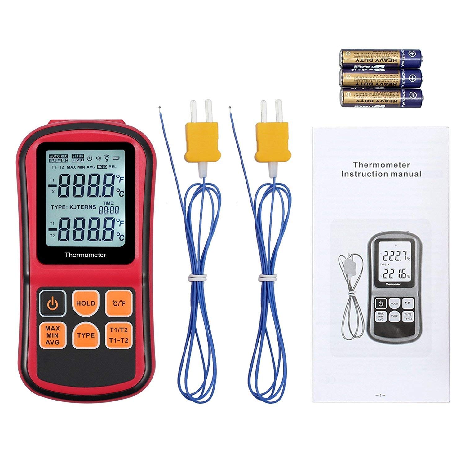 Kamtop Termometro digitale a doppio canale, alta precisione, display LCD, termocoppie tipo K/J/T/E/R/S/N, 2 sonde, funzionamento a batteria