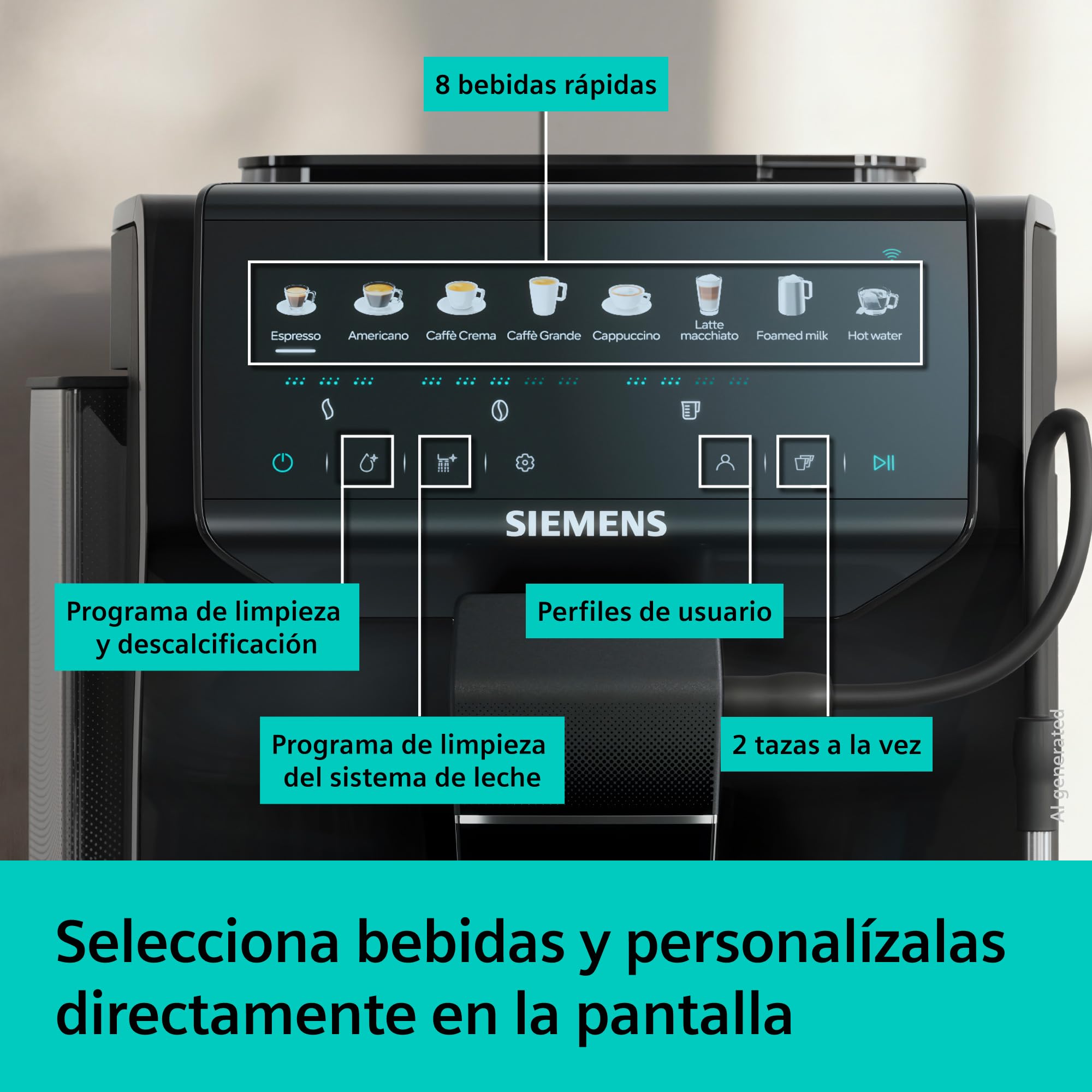SIEMENS, Cafetera superautomática EQ500 iAroma, tactil, Negro, TP553E19 | Prepara dos tazas a la vez, personaliza tu bebida favorita con un toque y controla todo desde el móvil. Limpieza fácil.
