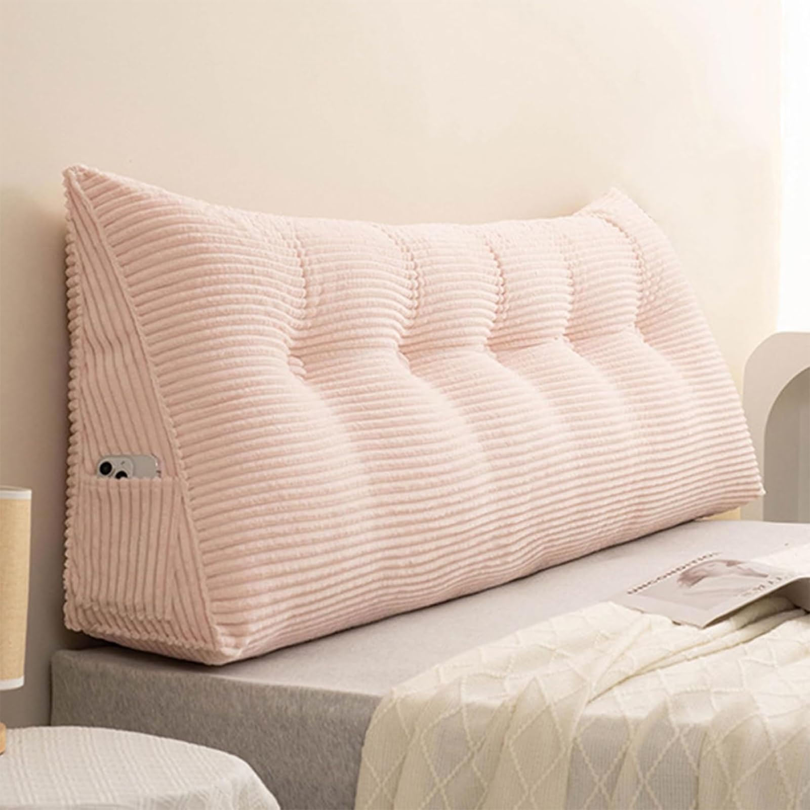 AIUTG Large Triangular Headboard Cushion, Corduroy Reading Pillow with Removable Washable Cover, Bed Backrest with Side Pocket, Support Cushion for Sofa(Pink,120x50x20cm)