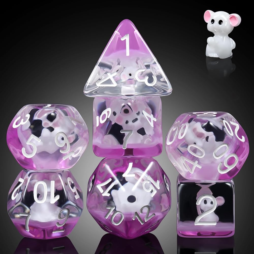 Mouse Resin DND Dice, DNDND 7PCS D&D Die with Velvet Pouch for Dungeons and Dragons Role Playing Games and Tabletop Games(Mouse)