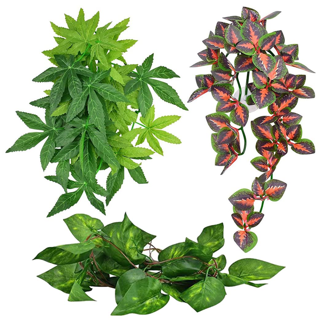 Reptile Plastic Plants Fish Tank Plants Artificial Aquarium Hanging Fake Green Leaves with Sucker Tortoise Plants for Enclosure Reptile Accessories 3PCS