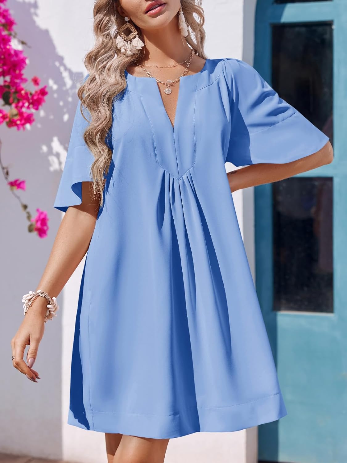 Wenrine Womens Flutter Short Sleeve Mini Dress Casual V Neck Loose Flowy Summer Dresses - Image 3