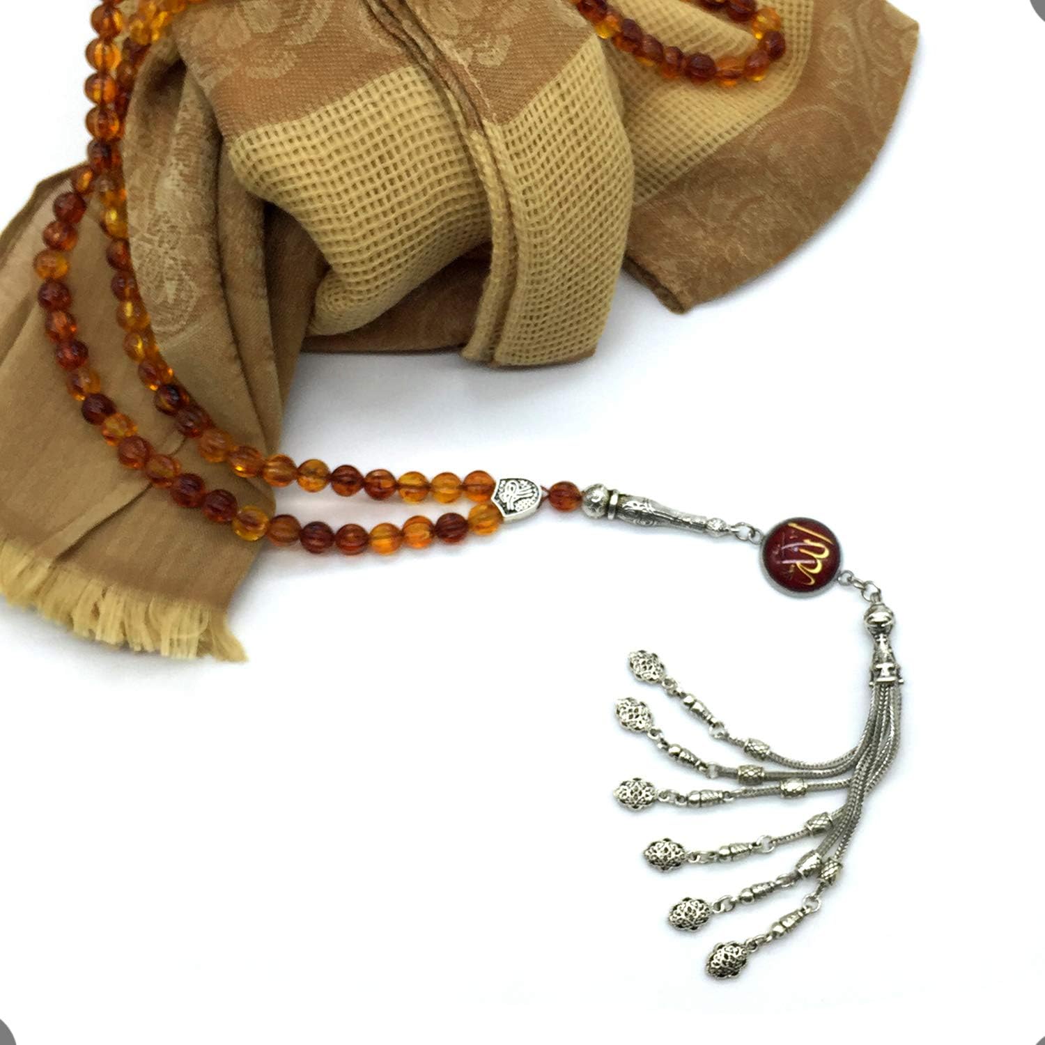 -99 Beads with Scarf -Prayer Beads-Worry Beads-Tesbih-Tasbih-Tasbeeh-Misbaha-Subha-Sibha-Rosary (Mustard Colored Shawl & Corrigated Imitation Amber -7 mm- 99 Beads)