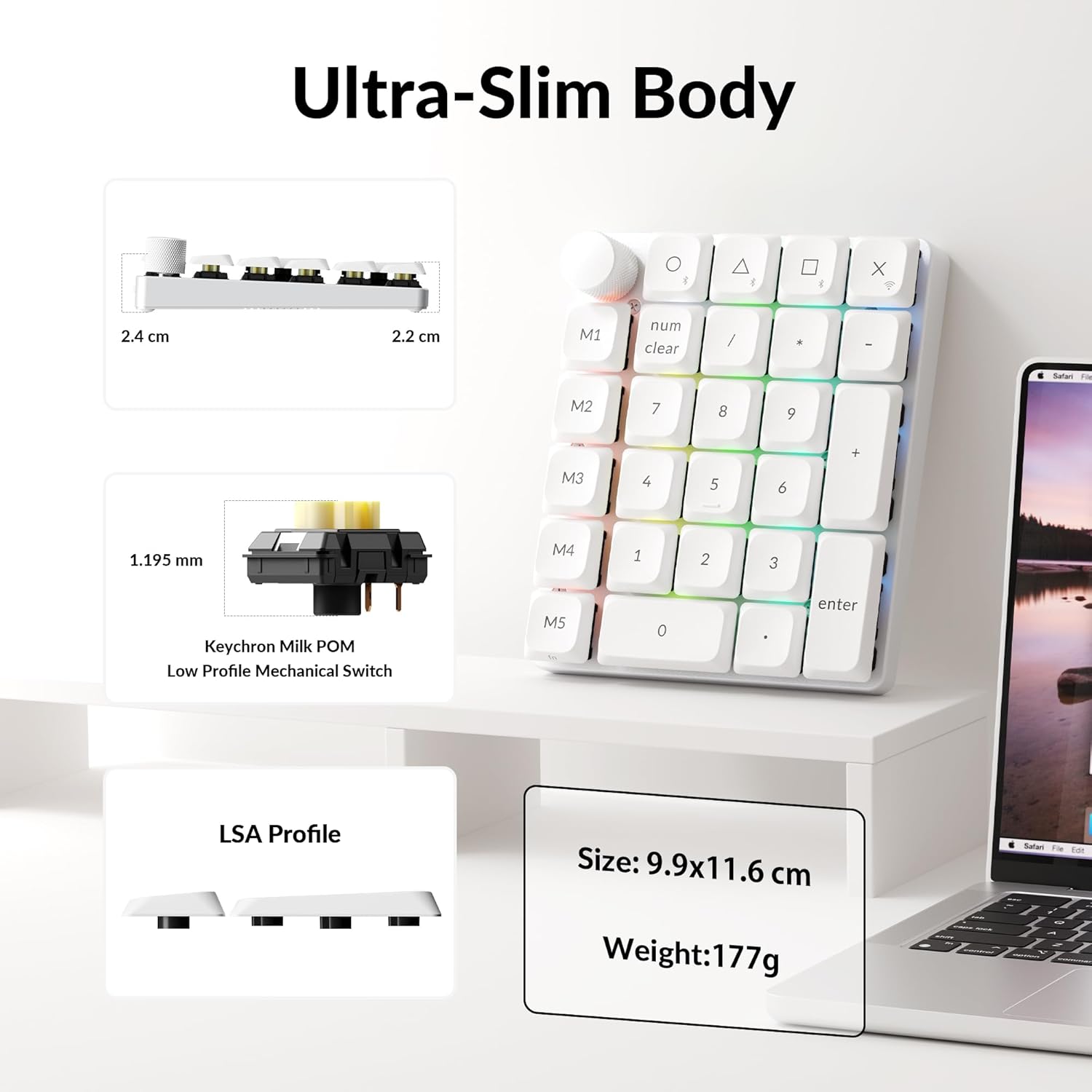 Keychron K0 Max QMK Wireless Custom Number Low-Profile RGB Backlit(Hot-Swappable) Banana Switch Keypad,2.4 GHz & Bluetooth 5.3 Connection, 1000Hz Polling Rate- White
