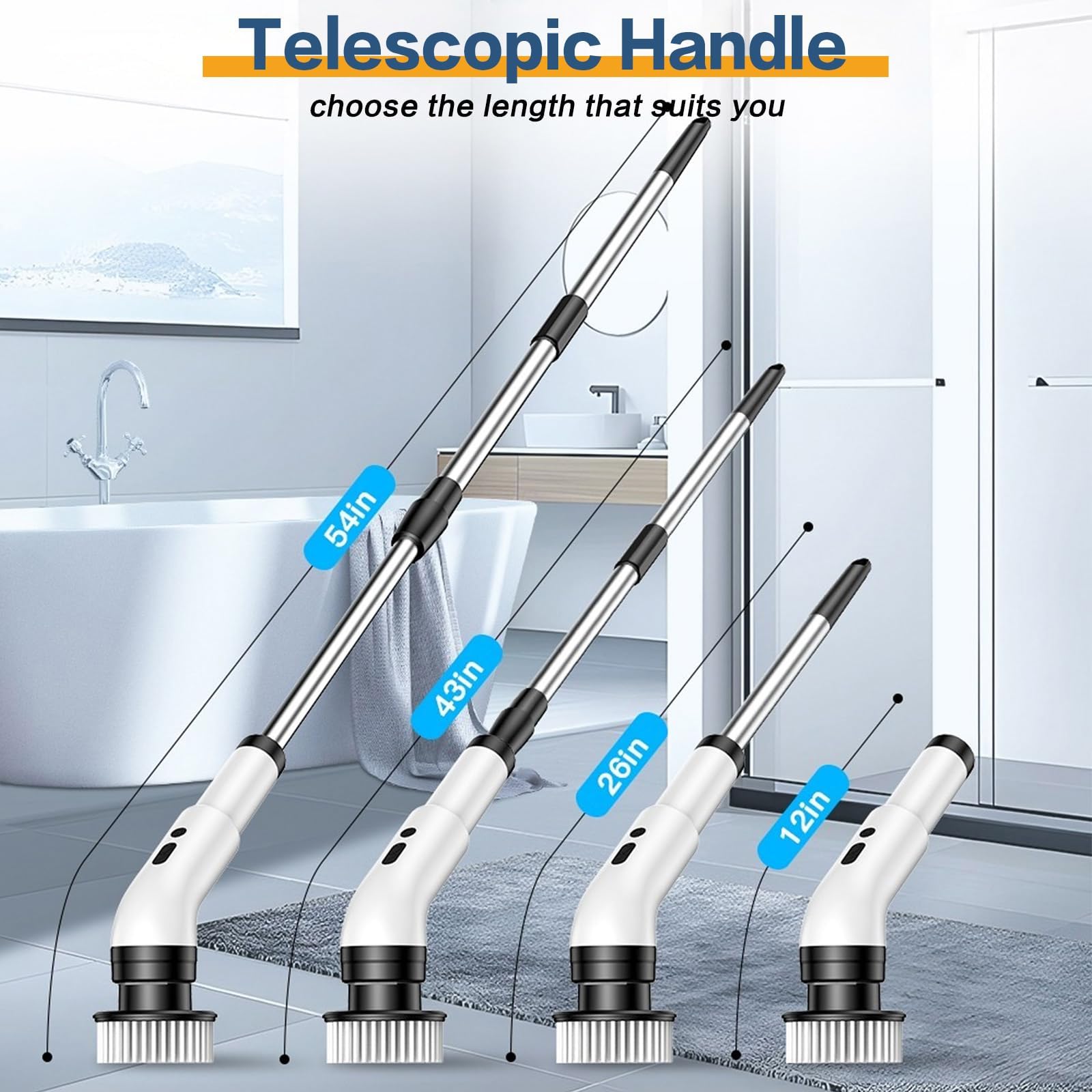 Cepillo de limpieza eléctrico multifuncional con 9 cabezales de cepillo, ajuste de dos velocidades, baja potencia, diseño de almacenamiento de gancho para limpieza de bañera, azulejos y suelos