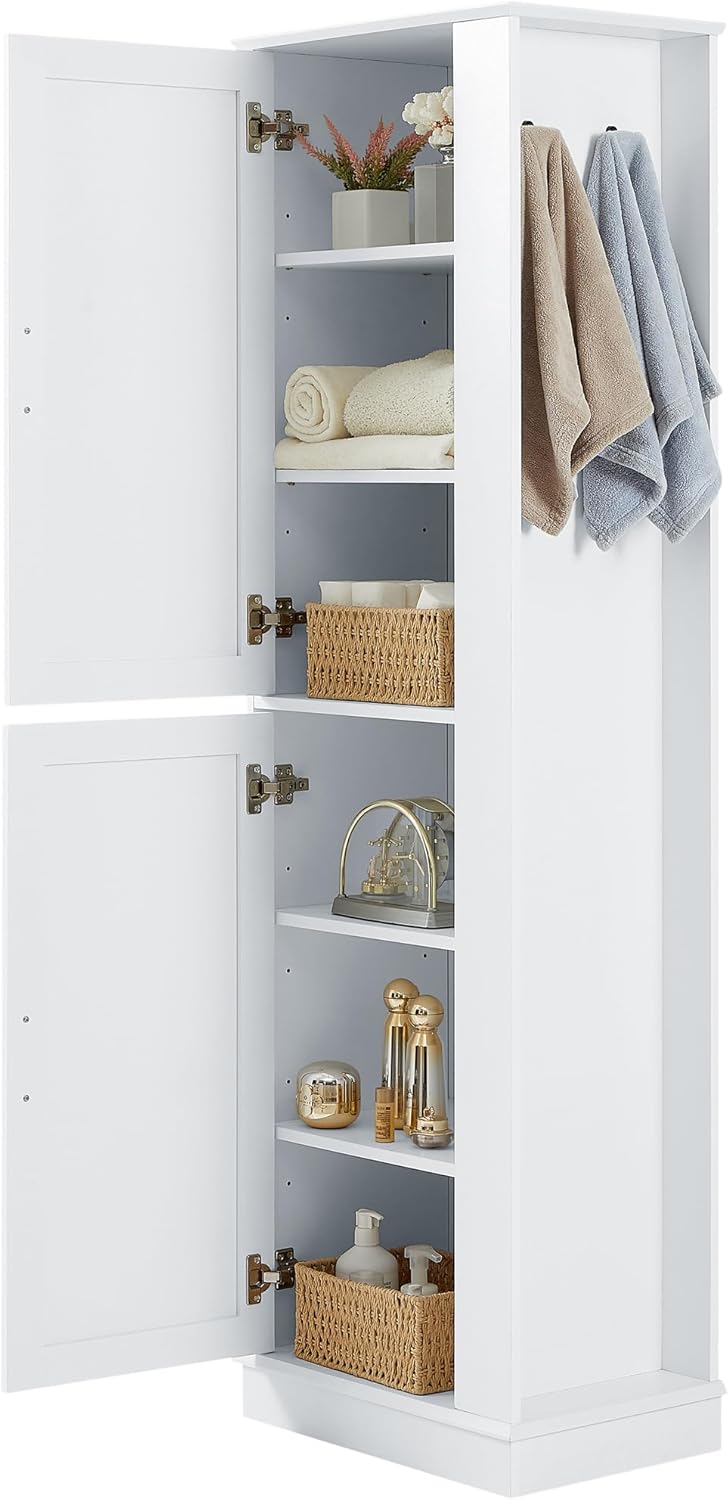 Bathroom Storage Cabinet with Hooks and Mop Holder, Two Doors, Adjustable Shelf, Left or Right Orientation Available, White