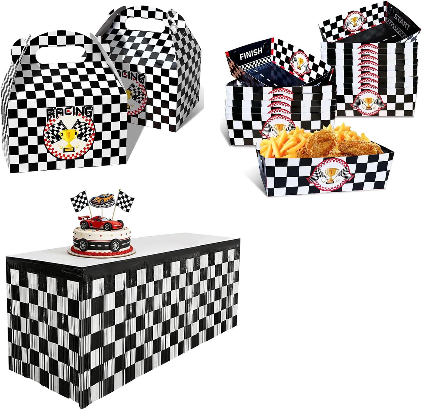 Race Car Fringe Table Skirt and Racing Food Boat Trays and Race Themed Party Favors Boxes
