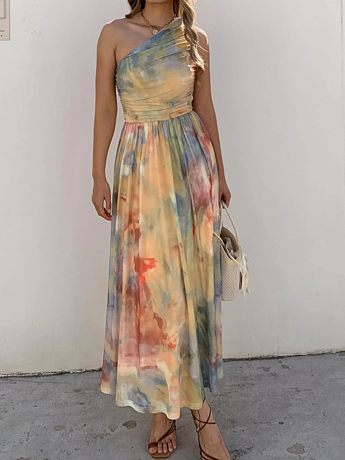 Women Summer One Shoulder Maxi Dress Sleeveless Ruched Mesh Long Beach Vacation Floral Sundresses Wedding Guest Dress - Image 4