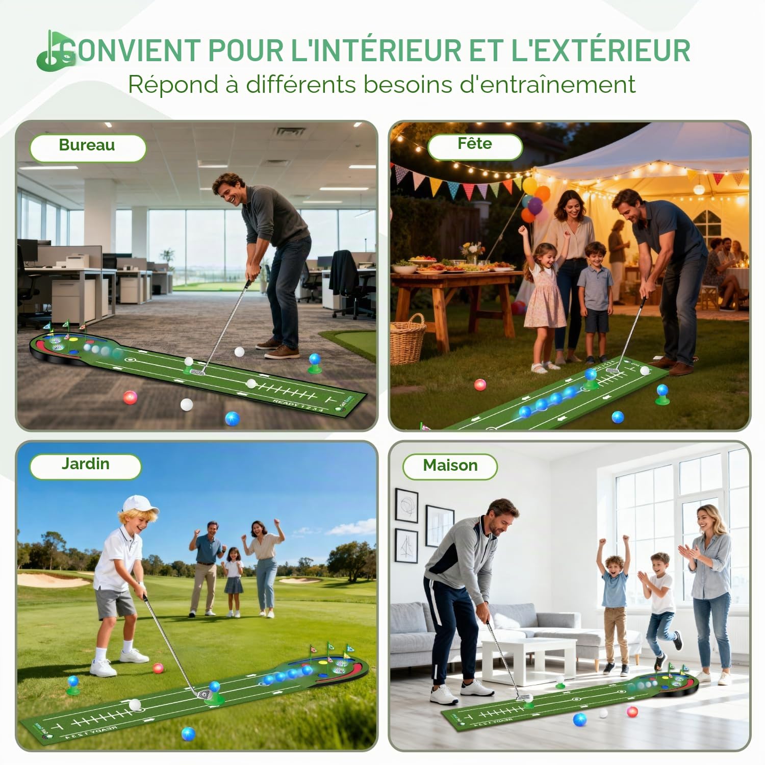 Jeu de Golf Vatos - Tapis de Putting d'intérieur pour Enfants avec balles et Trous LED, Clubs de Golf, Divertissement Familial pour la Maison et Le Bureau, Cadeau pour Enfants, Adolescents et Adultes
