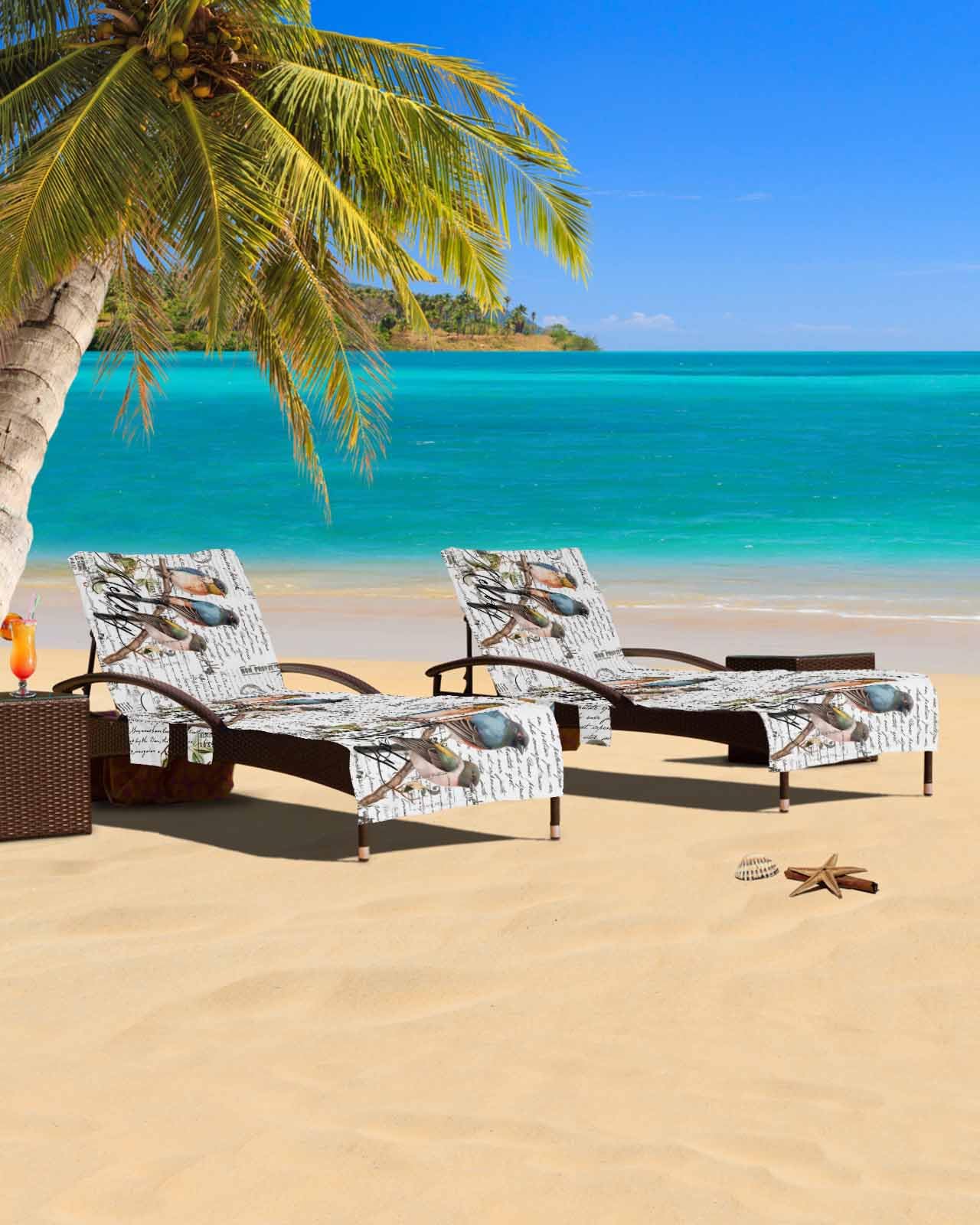 Animal Birds Beach Chair Cover with Side Pockets, Microfiber & Quick Dry Pool Chaise Lounge Chair Towels Covers for Sun Sunbathing Patio Garden Hotel, Old Newspaper English Newsprint White