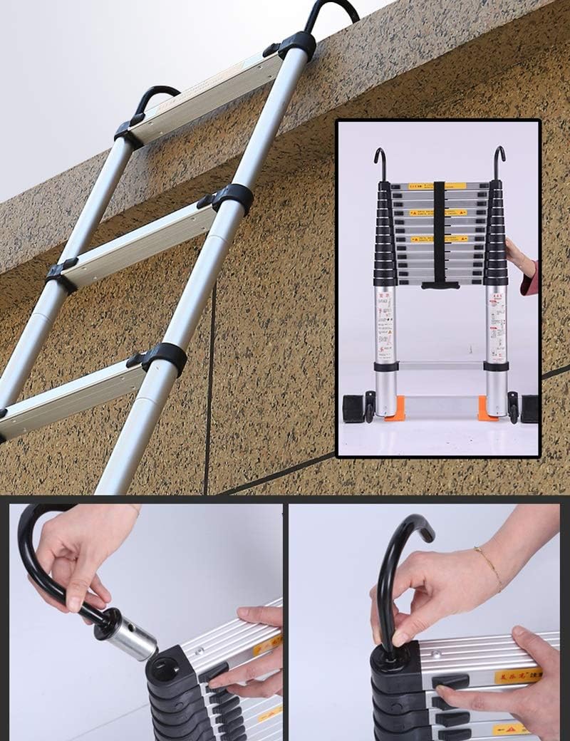 3.8M Aluminium Telescopic Ladder,Multi-Purpose Telescoping Loft Extension Ladder,EN131 Certified/150 Kg Load Capacity (Size : Straight Ladder+Hook)