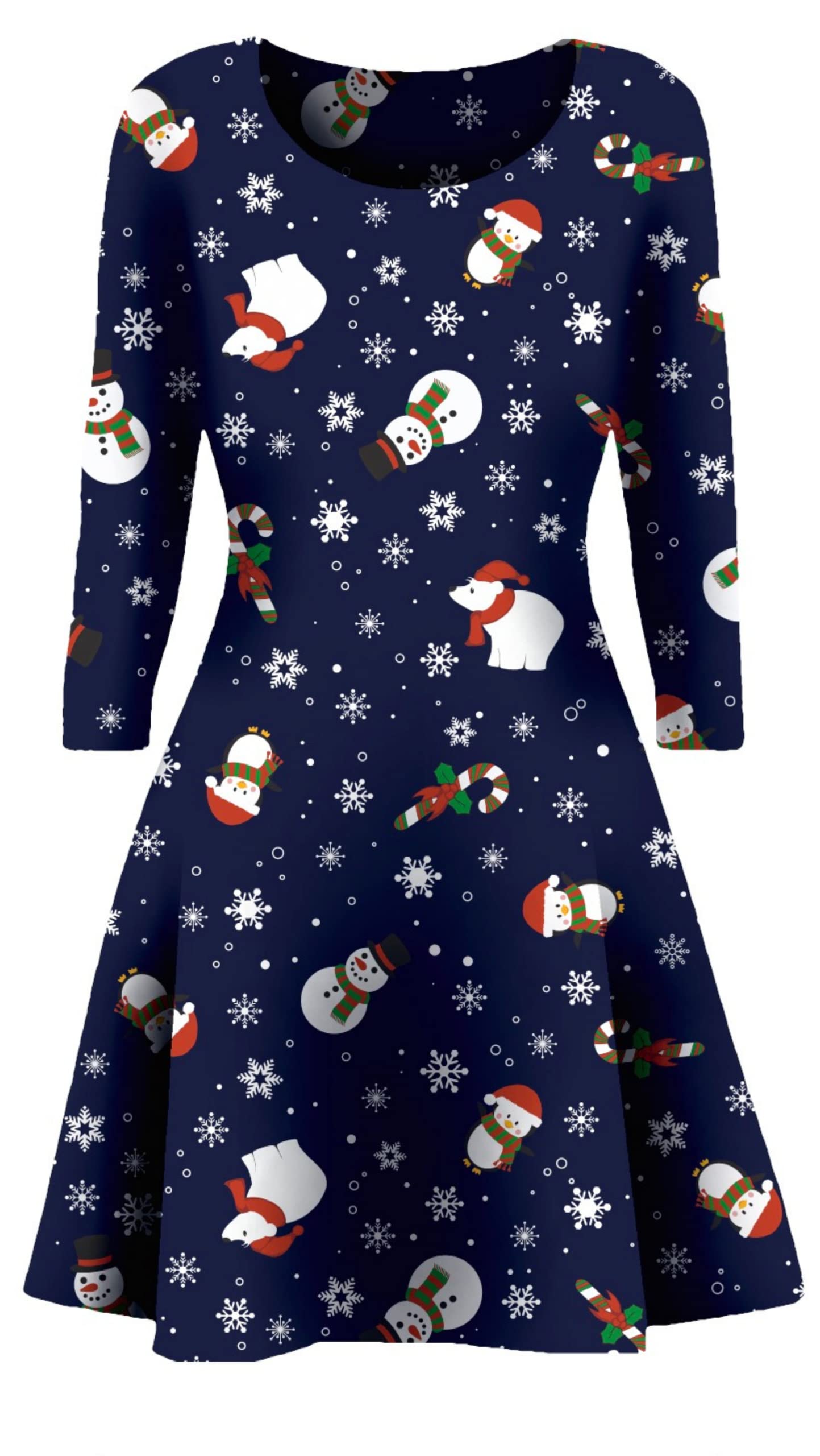 STAR FASHION Women's Christmas Party Snowman Swing Dress Novelty Printed Skater Xmas Secret Santa Gift FF1890 SM