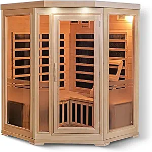 Heat Wave Sonoma 3 Person Corner Infrared Wood Sauna for Home - Thick Hemlock Interior with Chromotherapy Light & 7 Carbon Infrared Heaters for Energy-Efficient, Low EMF Infrared Sauna Relaxation