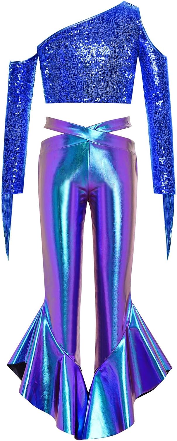 ACSUSS Metallic Bell Bottom Pants for Girls Dance Top Party Outfits Stage Performance Clothes Sets Streetwear