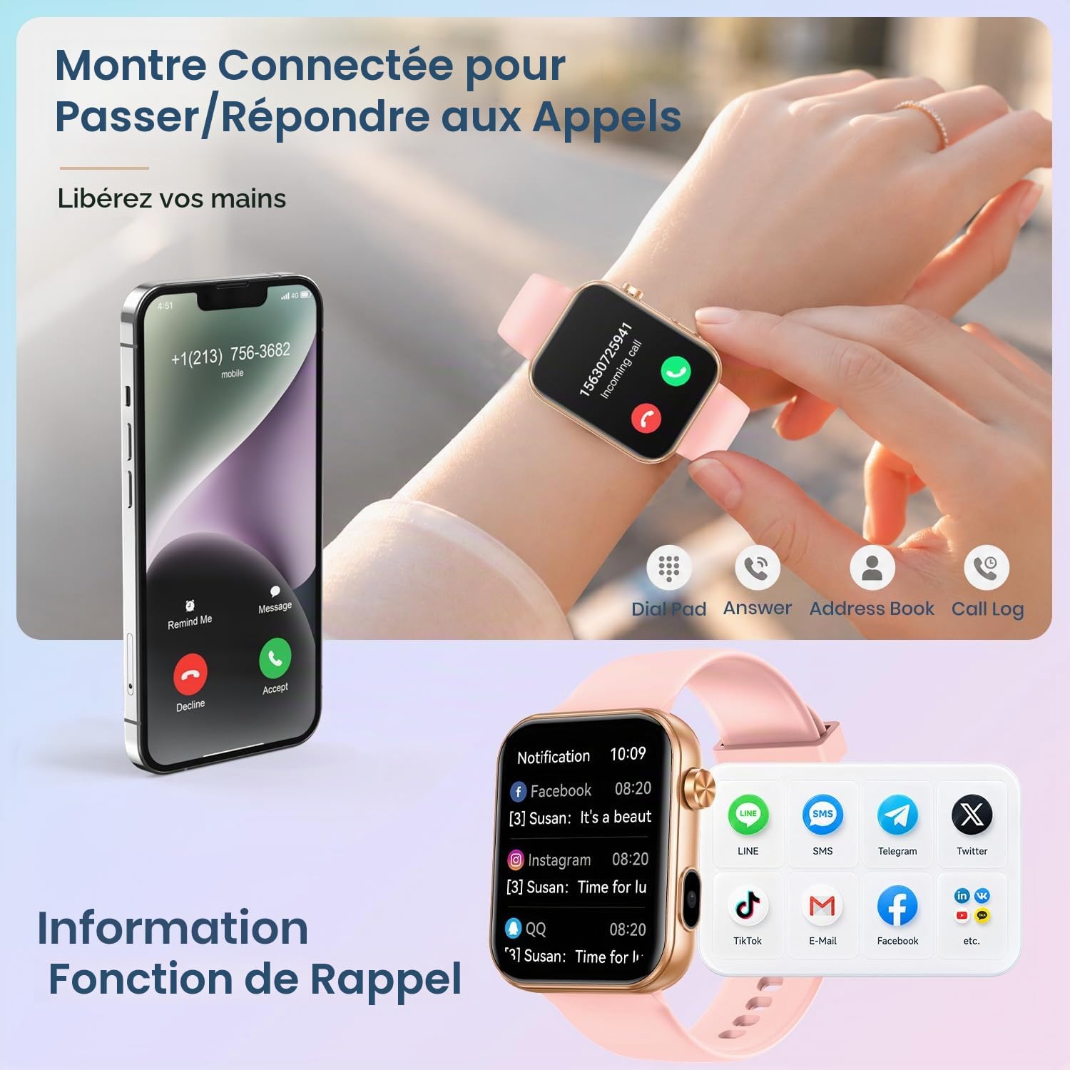 Montre connectée avec Femme Homme Smartwatch: 1.91" HD Écran avec Prendre une Photo Enregistrement Vidéo Appel Bluetooth Cardiofréquencemètre SpO2 Sommeil Moniteur 256MB RAM Compatible Android et iOS
