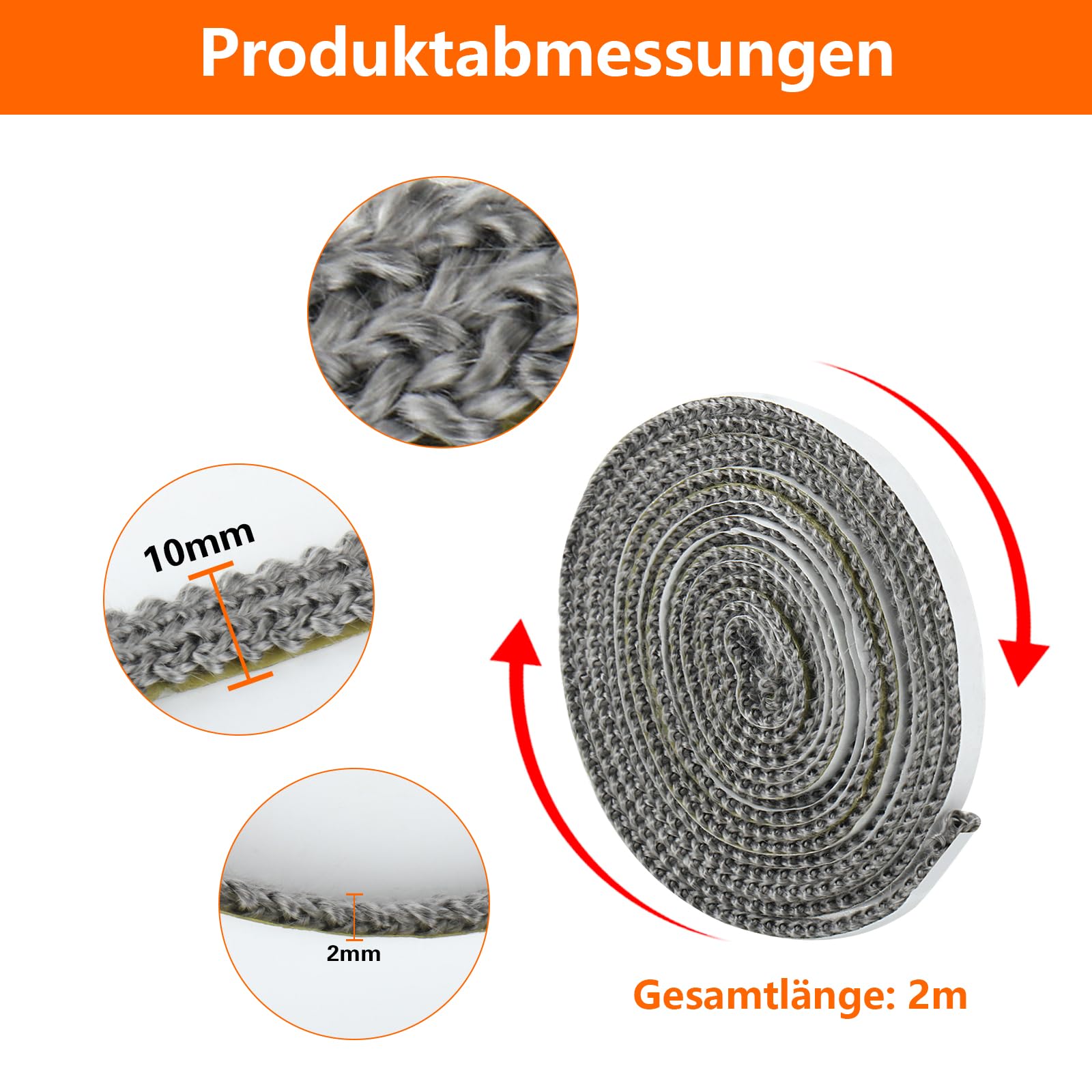Guarnizione Piano Induzione per Camino, 2 mm x 10 mm x 2,5 m Guarnizione Adesiva Guaina Alte Temperature Fibra di Vetro, Nastro Sigillante Ignifugo per porta camino, stufa di scarico