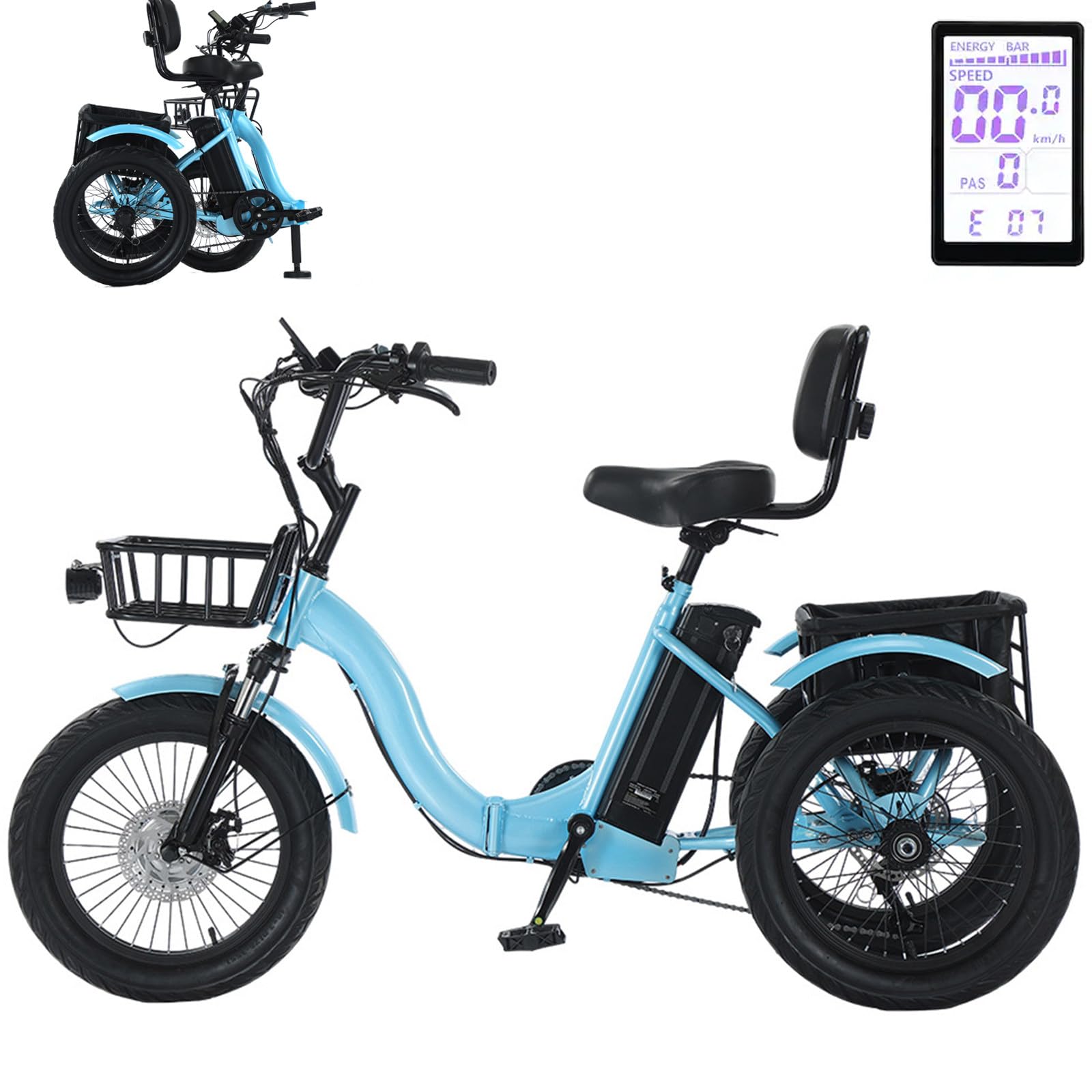 18 Pollici Triciclo Bici Elettrica A 3 Ruote Pieghevole Elettrica per Adulti con Cestino Portaoggetti Pneumatici Larghi per Adulti Pieghevole, Facile da Scalare capacità di Carico 30 kg