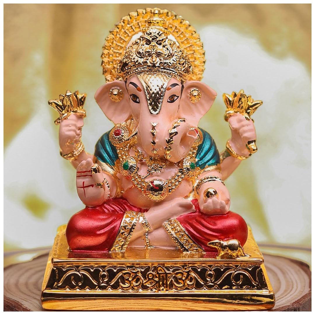 HIRANYA Crafts Ganesh Idol for Home & Car Dashboard | 24K Gold Plated Ganpati Murti | Decorative Ganesh Murti | Ganesha Idol for Car Dashboard | Perfect Pooja Room & Car Dashboard Idols (3 Inch)
