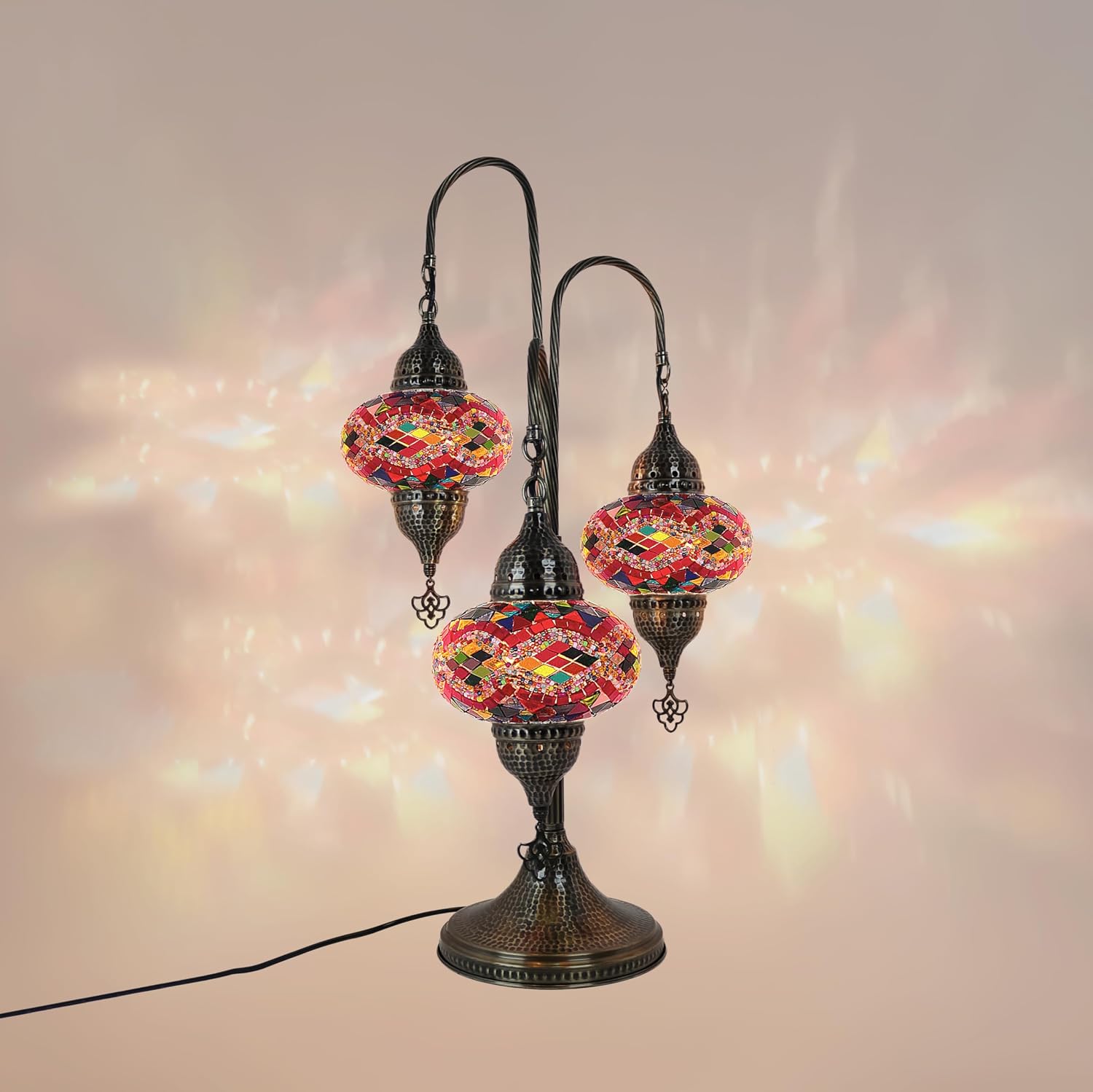 Turkish Mosaic Bedside Lamp 3-Globe Tree Design | Exquisite Moroccan & Turkish Lamps | Vintage Desk & Unique Table Lamp Assortment for Home Décor (Mix Rug)
