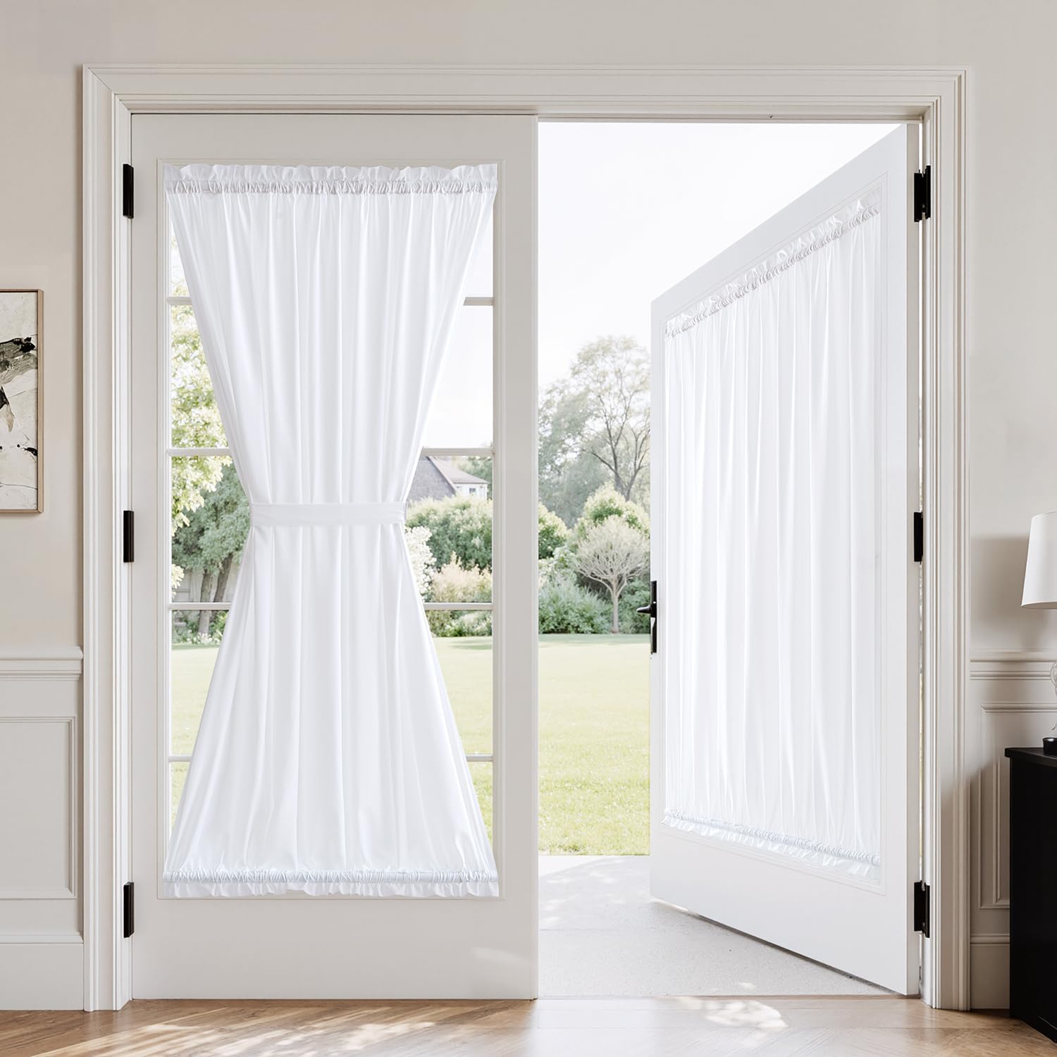 MIULEE Non-See-Through French Door Curtains for Doorway, Privacy Semi Sheer Curtains for French Doors, Light Filtering Rod Pocket Window Drapes with Tie Back, White, 54 x 63 inches, 2 Panels White 54"W x 63"L (Pack of 2)