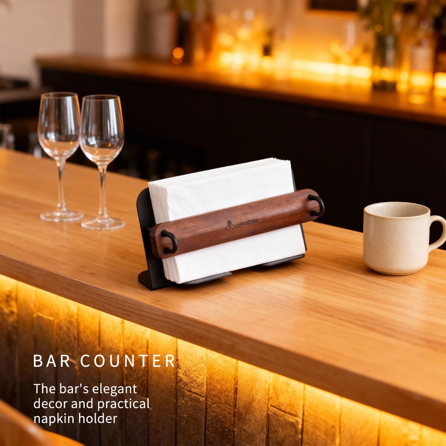 Guest Towel Holder for Bathroom - Ironl Napkin Dispenser with Raintree Wood Weighted Arm, Rectangular Disposable Hand Towels Tray for Table Kitchen Steak Dinner Vanity Picnic