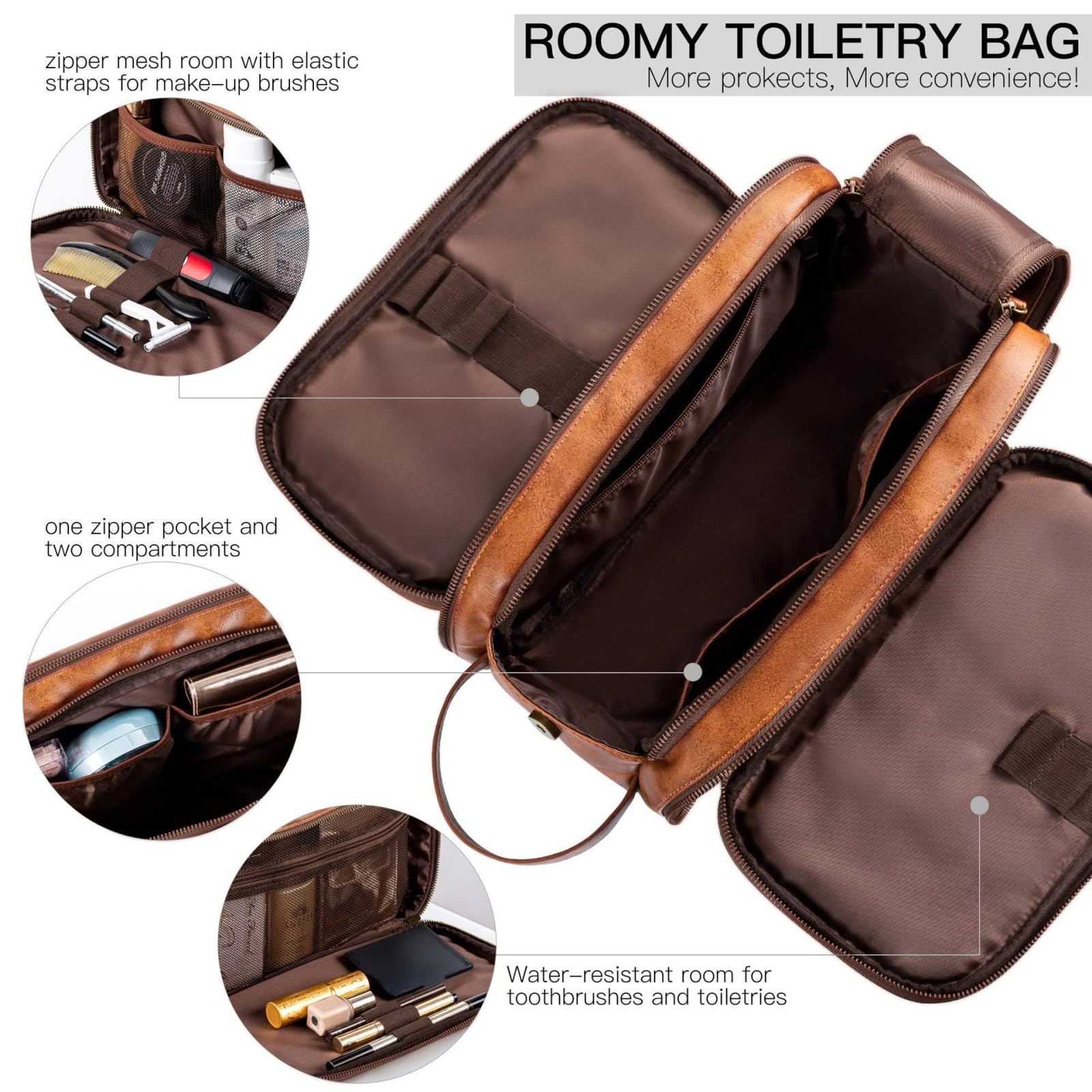 HJDMO Vintage PU Leder Herren Kulturbeutel Große Kapazität Reise Kulturbeutel Organizer für Männer Wasserdicht Dopp Kit mit Griff, dunkelbraun, 12 in. x 6.7 in. x 7.1 in., Klassisch