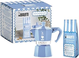 Bialetti Moka Express 3 Cup Light Blue & Almond Ground Coffee Gift Set – Stovetop Espresso Maker with 250g Caffe Macinato Mandorla, 80% Arabica 20% Robusta Medium Dark Roast, Made in Italy