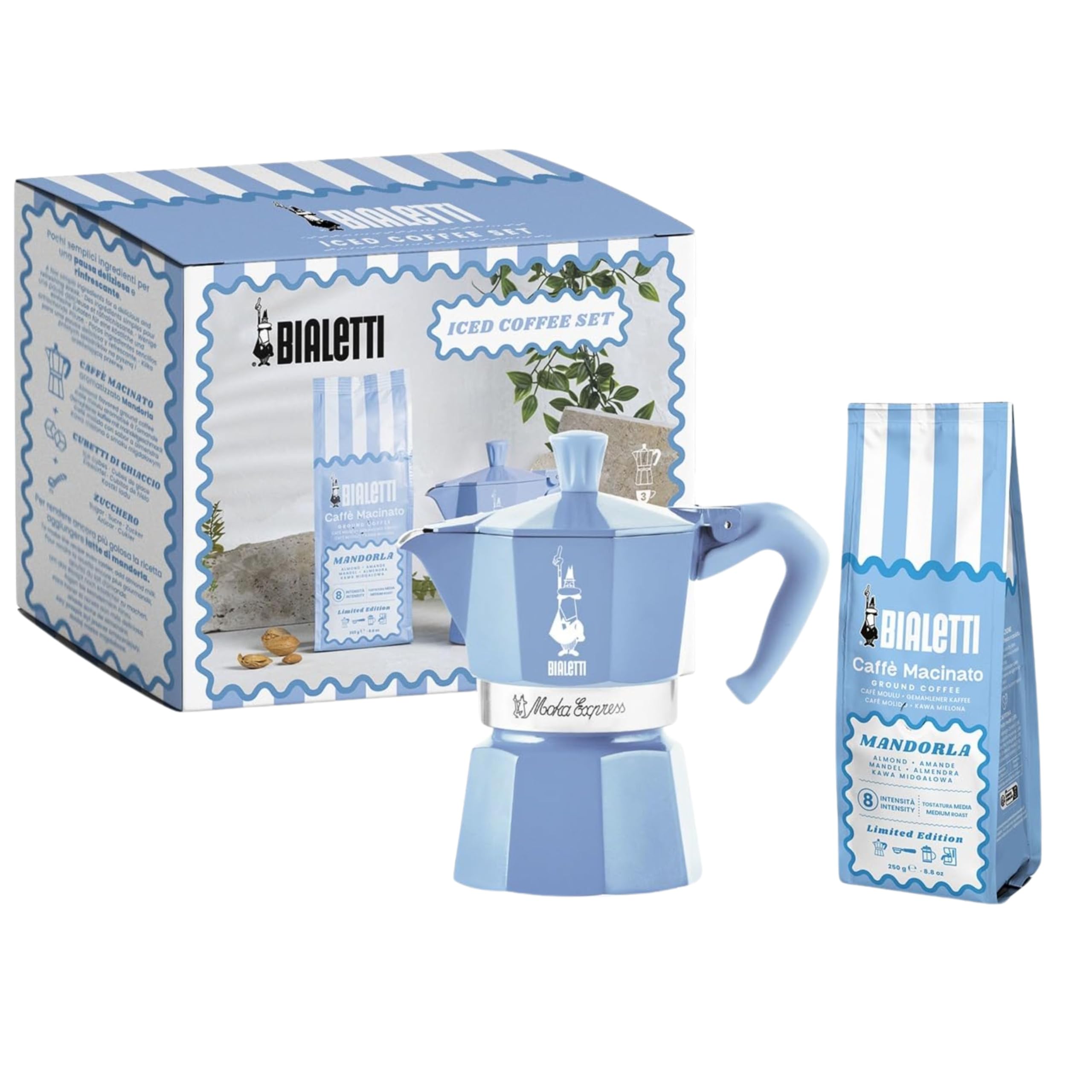Bialetti Moka Express Aluminium Coffee Maker Set 3 Cups Turquoise with Almond Ground Coffee 250 g Almond Flavoured