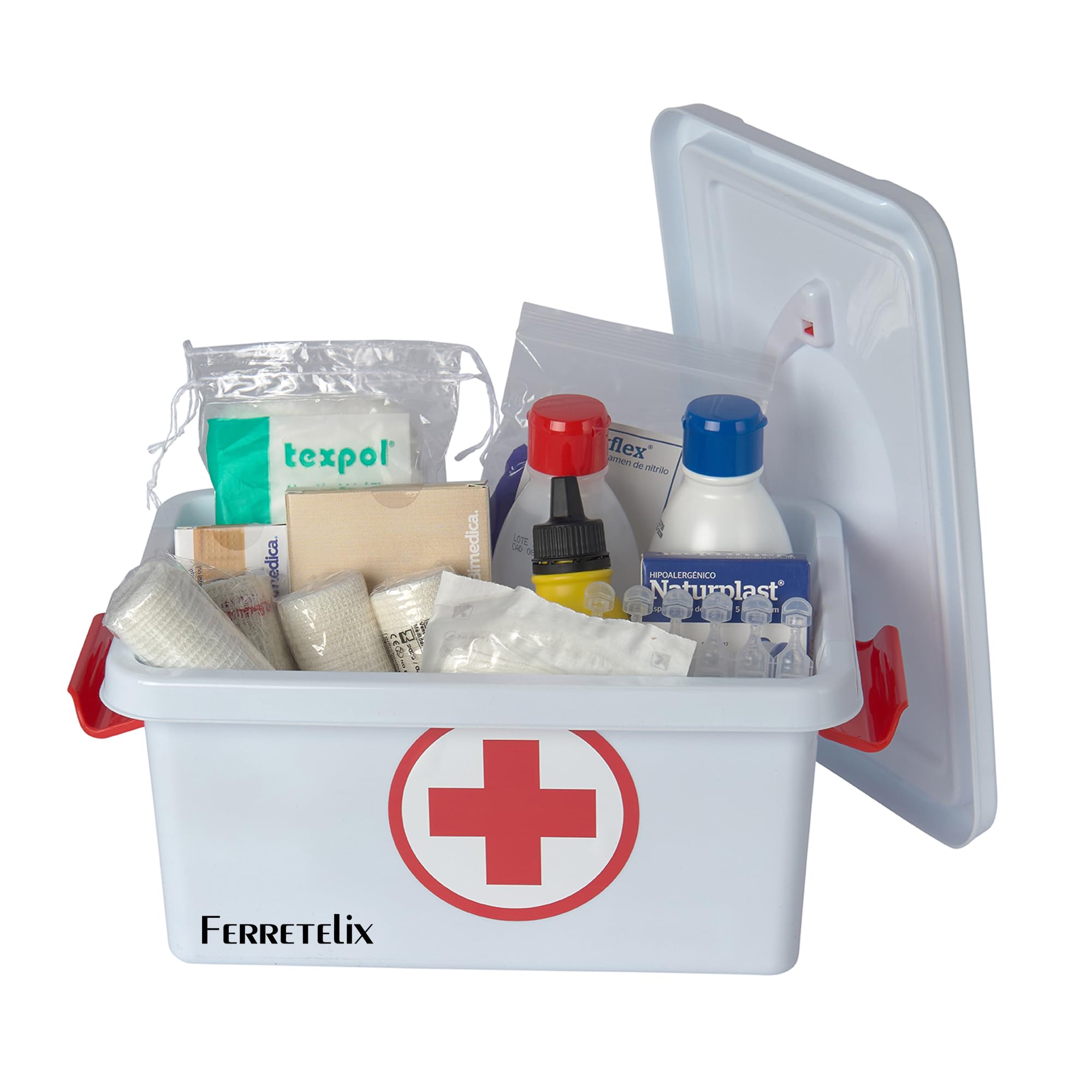 Farmalix Botiquin caja primeros auxilios con tapa 4 litros medidas: 28cmx19cmx13cm equipado con varios artículos para realizar las primeras curas en caso de emergencia