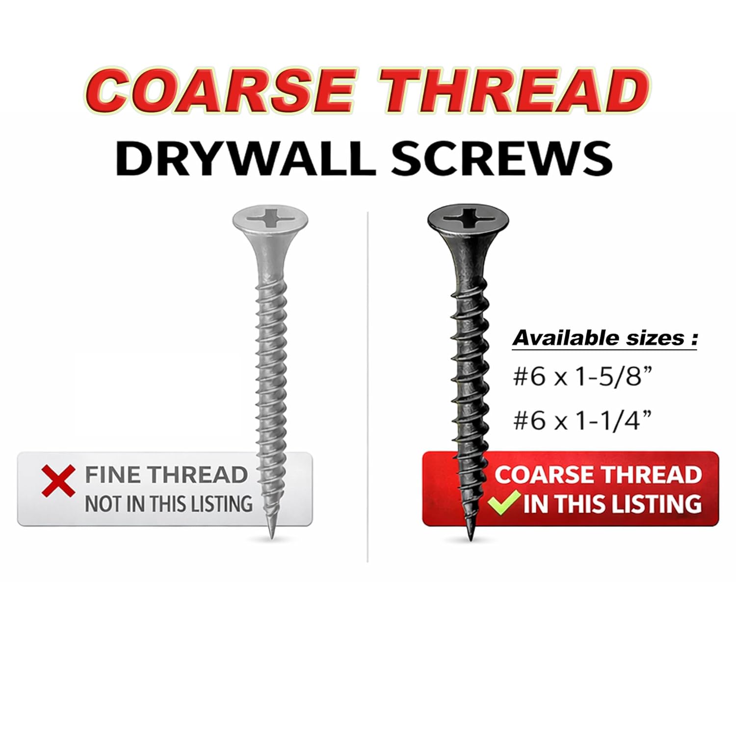 #6 x 1-5/8" Drywall Screws – Bulk 4,000 Pack, Coarse Thread, Sharp Point, Phillips Drive, Bugle Head, Black Phosphate – Wood & Drywall Fasteners + Driver Bit Included DHD6158-4000C