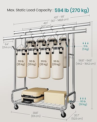 Miniatura 5 de SONGMICS Perchero de Ropa, Perchero de Ropa Rodante de Servicio Pesado con Ruedas, Barras Colgantes Dobles Extensibles y Altura Ajustable, Portátil,