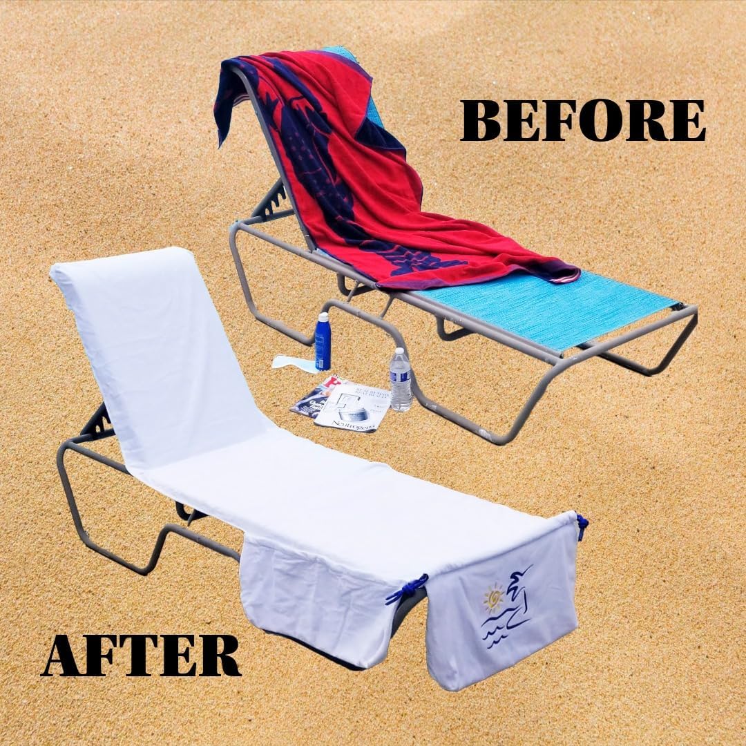 Beach Towel Tote Bag Chair Cover That Locks in Place Pocketed on Both Calve Areas for Phones Keys Tanning Oils Plush Resort 100% Cotton Terry Velour 400 GSM Embroidered Tote'l Towel