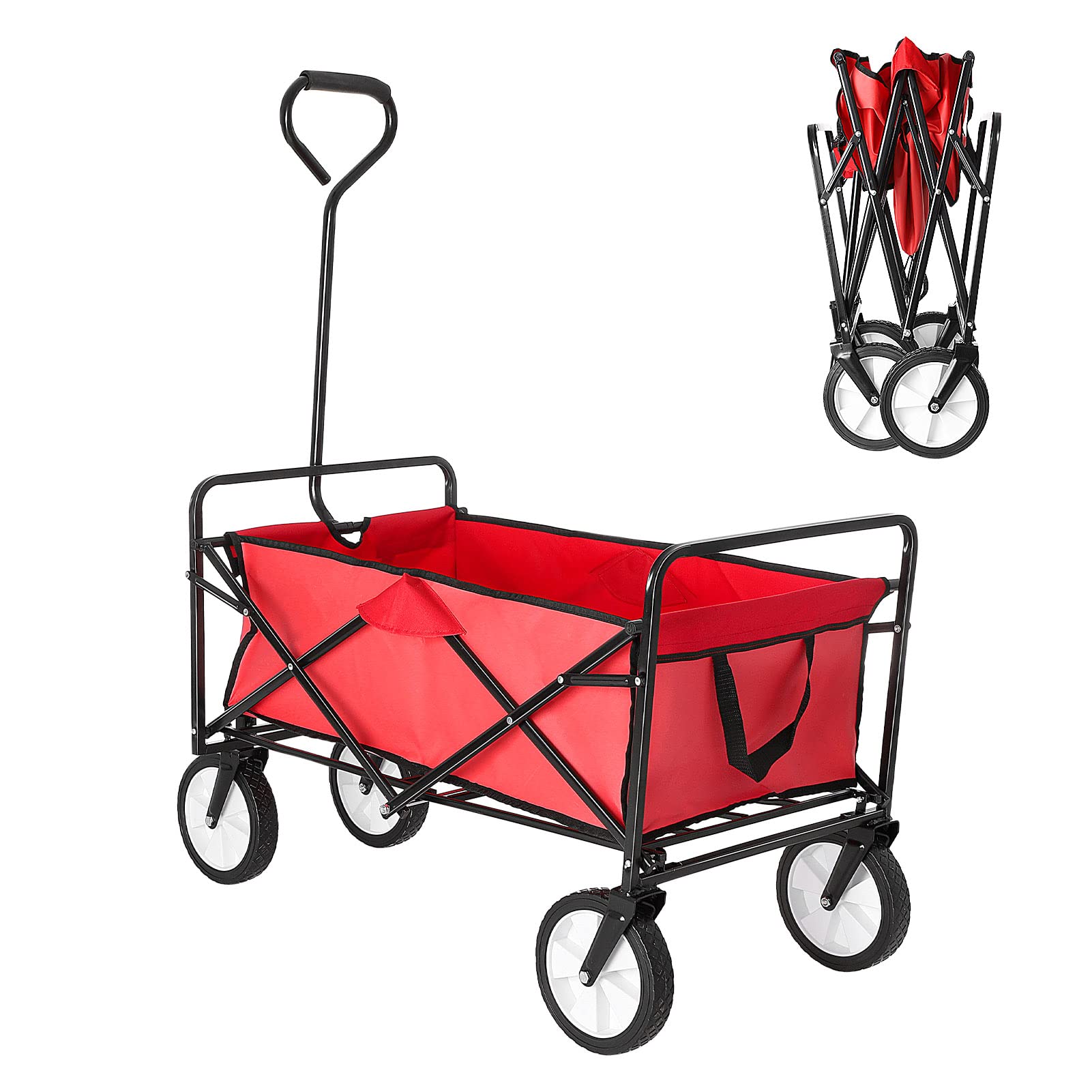 Trintion Red Folding Camping Wagon Collapsible Garden Cart Heavy Duty Beach Trolley With Side Pocket Garden Picnic Shopping Wagons (Red)