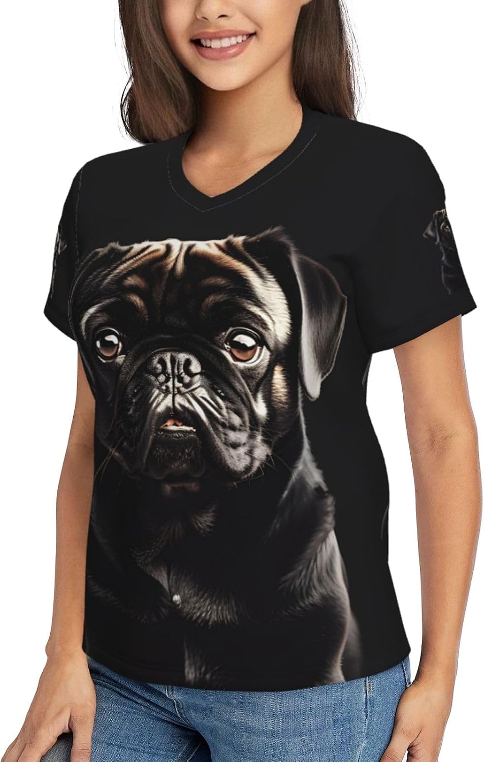 Womens Cute Black Pug Dog Print Short Sleeve V Neck T-Shirts Casual Breathable Tee Basic Summer Tops 2026