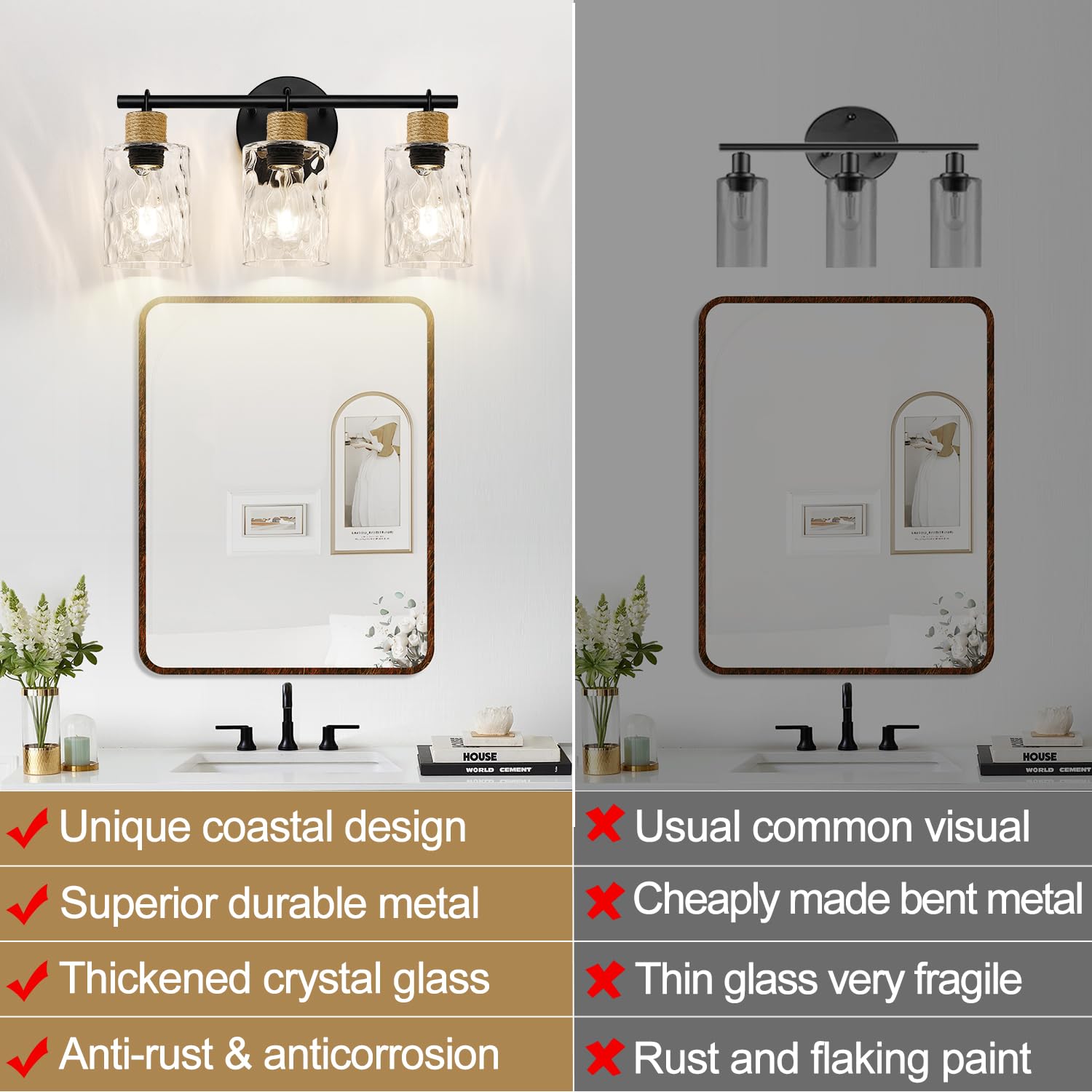 MOKATNG 2025 Upgrade Bathroom Light Fixtures, 3-Light Coastal Vanity Lights with Crystal Glass Shade, Black Bathroom Wall Lamp for Mirror Kitchen Hallway Cabinet