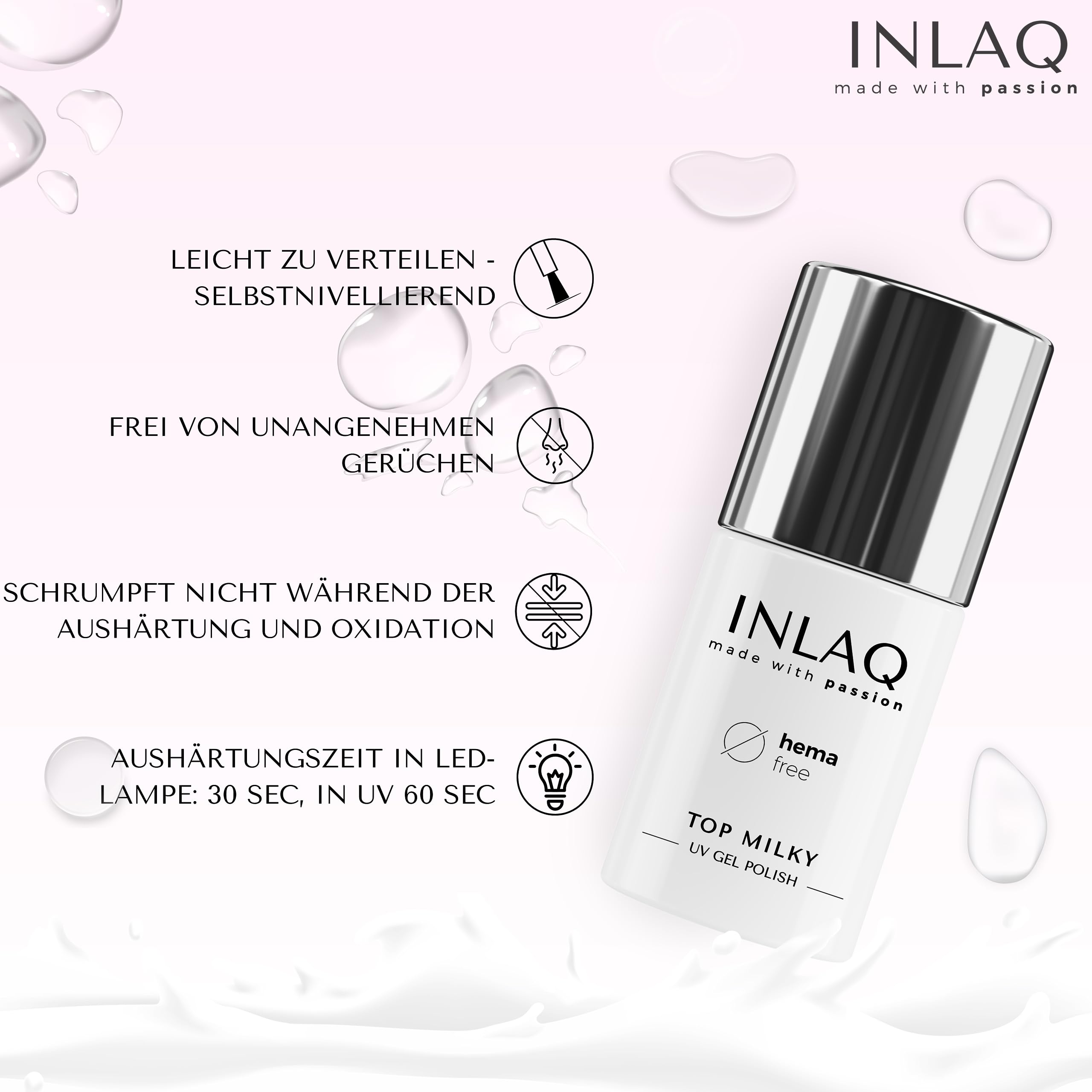 INLAQ® HEMA Free Top Milky White Coat 6 ml - Żelowy lakier UV Top Coat z mlecznym kolorem, 20% krycia Baby Boomer – Żelowy lakier nawierzchniowy Top Coat bez Hema i Di Hema…