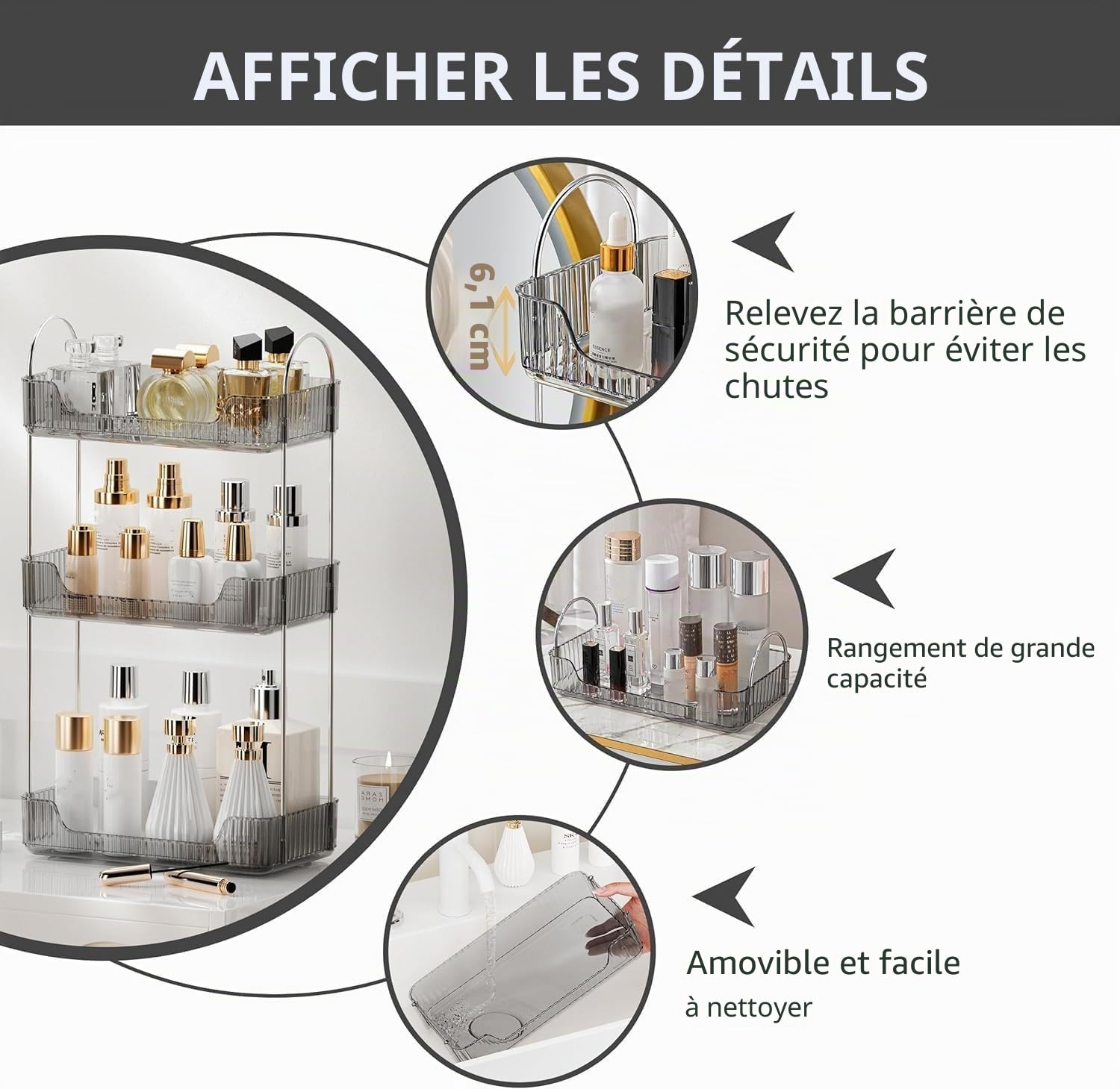 CESTATIVO Organisateur Maquillage, Rangement Maquillage, Organisateur de Cosmétiques, Présentoir Cosmétique, Organisateur de Parfum (Gris, 3 Couches)